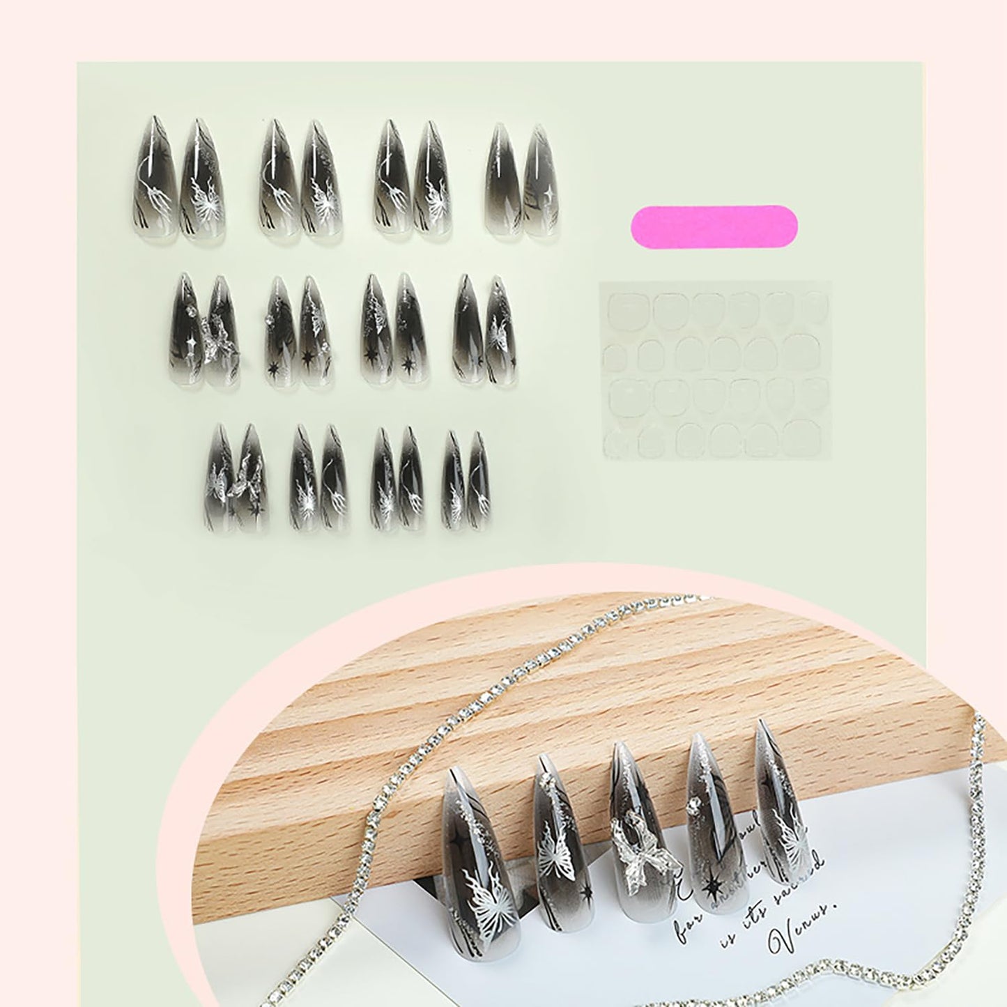 24 Pcs Almond Press on Nails Long Fake Nails with 3D Butterfly Nail Charms Nude Black False Nails with Design Glitter Artificial Nails Glossy Full Cover Glue on Nails Stick on Nails for Women Girls