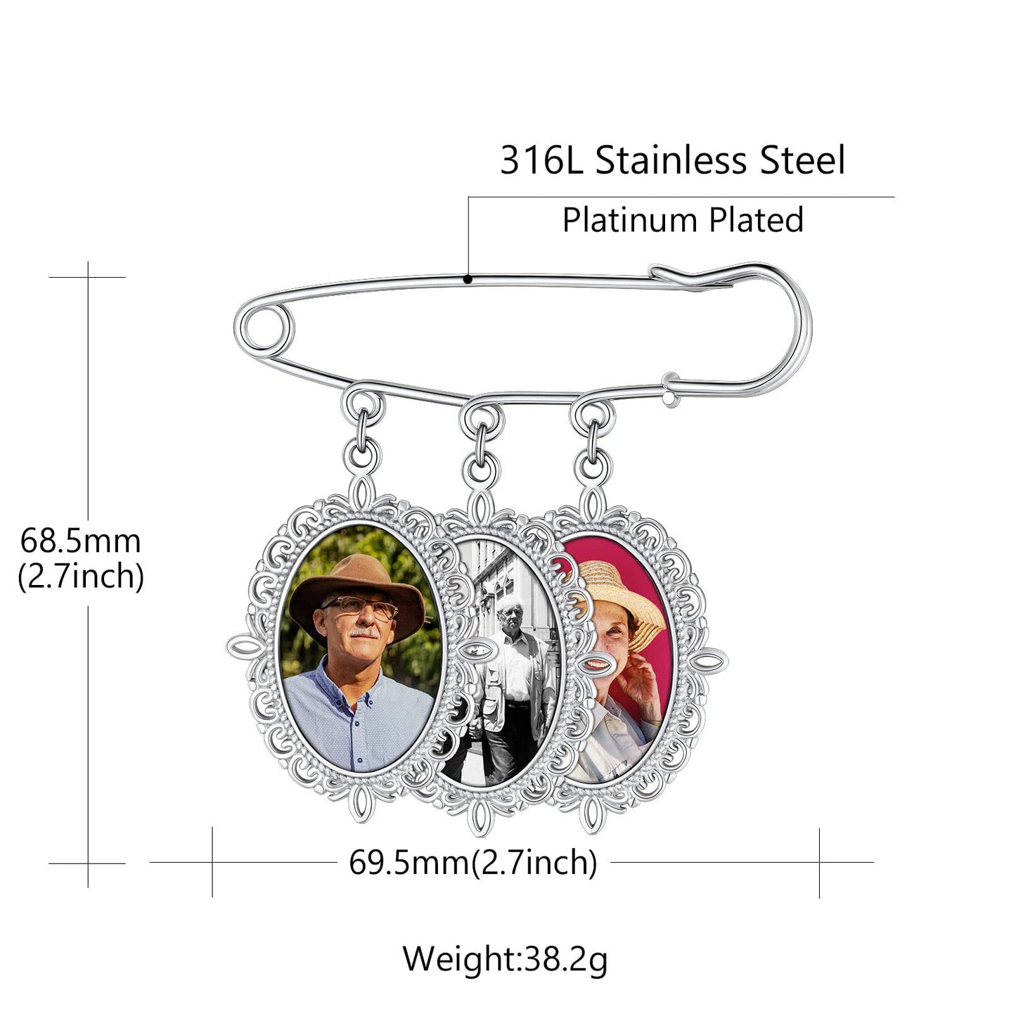 Custom4U Memory Charms for Wedding Bouquet Customized with 3 Pictures Custom Photo Brooch Pins Funeral Boutonniere Oval Shaped Charm Memorial Jewelry