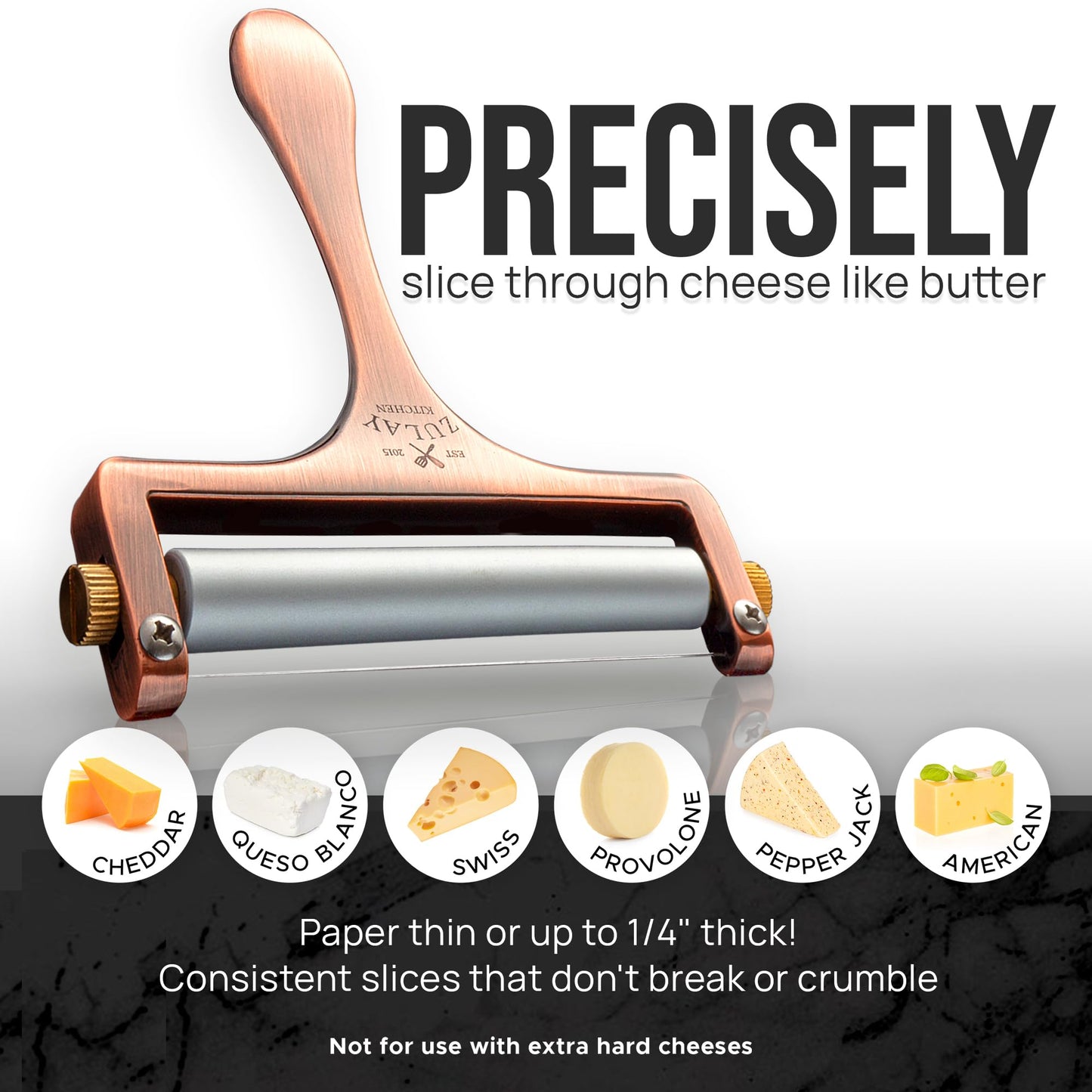 Zulay Adjustable Cheese Slicer - Wire Slicer For Mozzarella, Cheddar, Gouda - Heavy Duty With 2 Extra Wires (Copper)