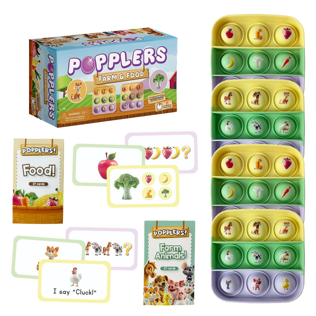 The Fidget Game Popplers, Matching Memory Game for Toddlers Early Learning & Educational Fidget Toy, Food & Farm Animals Popping Game, Teacher Must Have for Matching, Sound Recognition and First Words