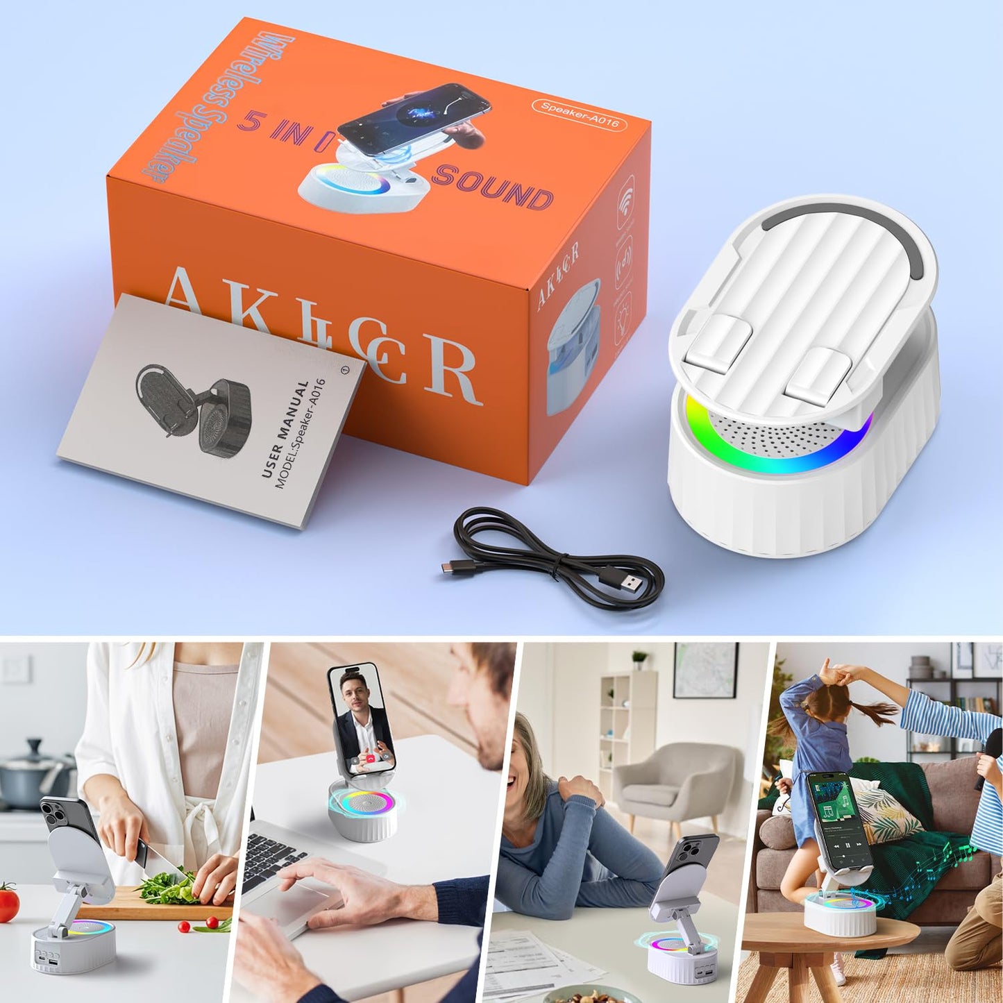 AKLLCCR Wireless Induction Audio Bluetooth Speaker 5in1 Phone Holder Emergency Rechargeable (3000mAh) with Colorful Ambient Light 300° Foldable for Tablet iPhone Android, Gifts for Men Women (White)