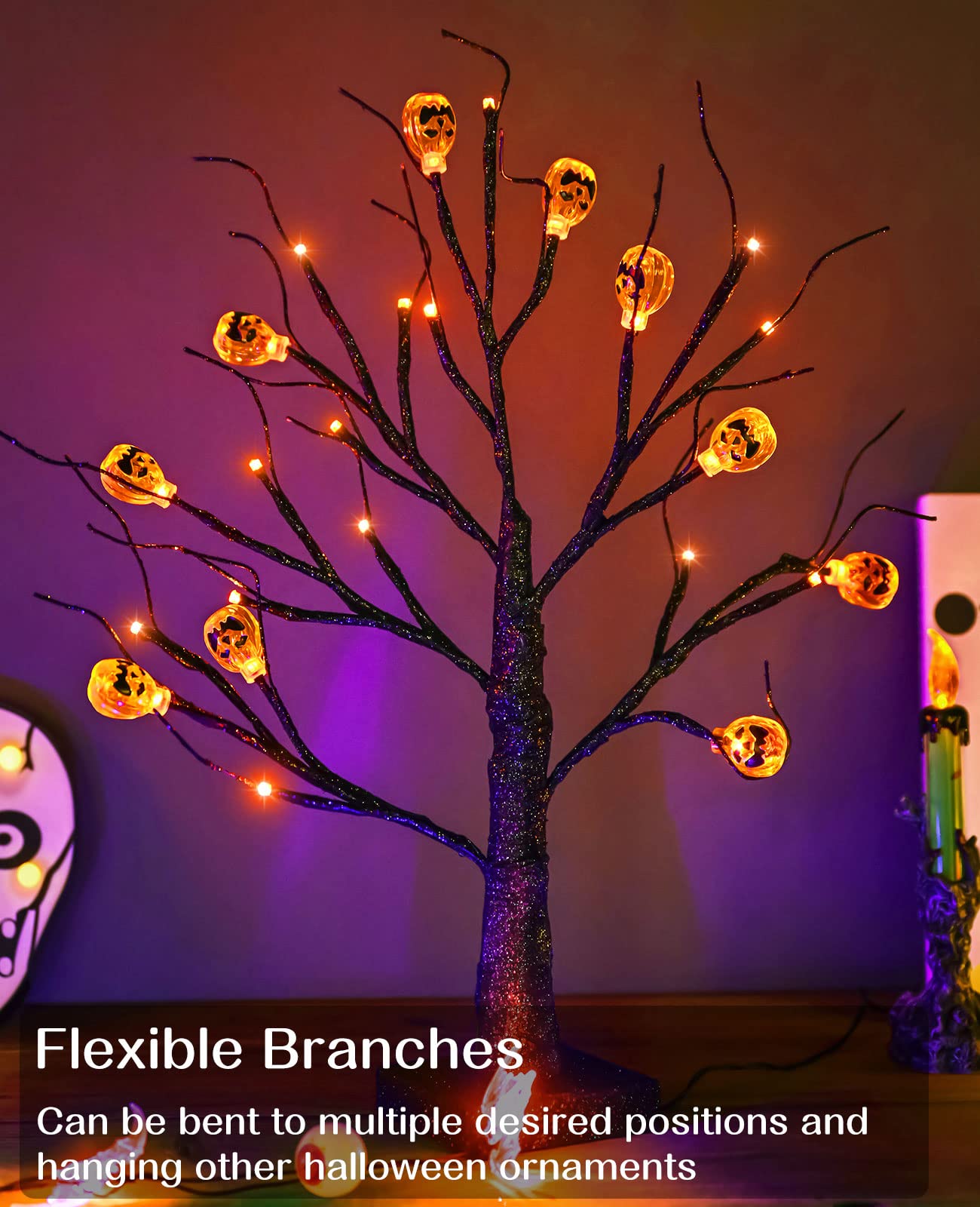 ZHOUDUIDUI 2Pack Halloween Tree, Black Spooky Tree with 24LED Orange Lights and 10 Pumpkin Ornaments Battery Powered 18IN Lighted Halloween Bonsai Tree for Indoor Tabletop Halloween Party Decoration