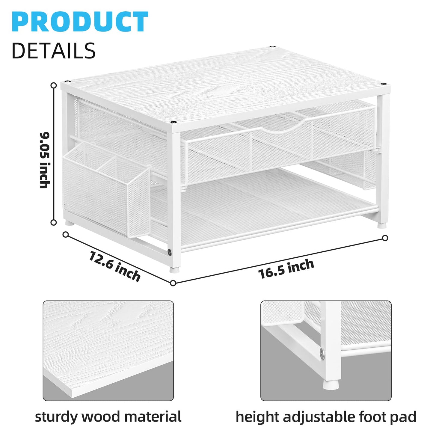 Marbrasse Wood Printer Stand for Desk, 2-Tier Desktop Printer Table for Home Office, Printer Stand with Storage Drawer 2 Pen Holders, Multi-Purpose Desk Organizer for Fax Machine Scanner(Wood White)