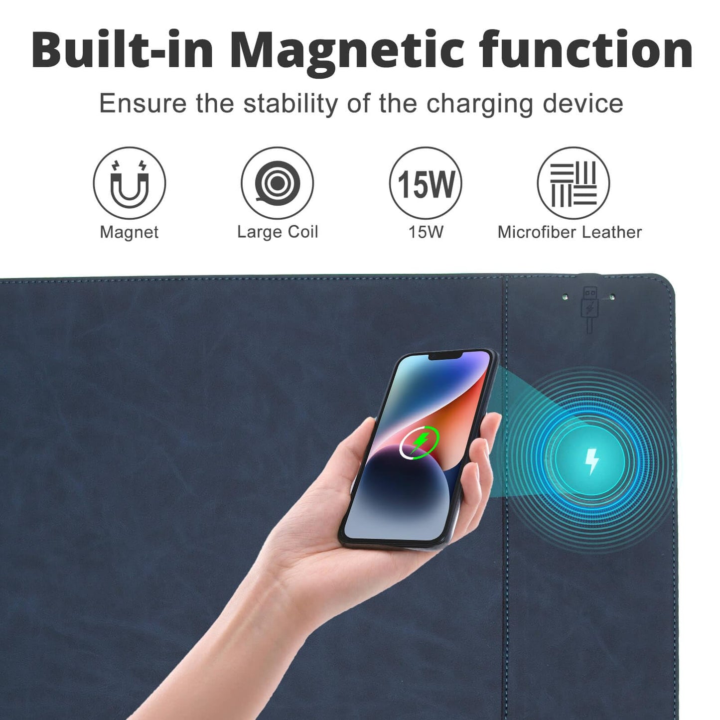 Magnetic Wireless Charging Desk Mat, 23.4"x15.6" Large Office Mouse Pad, Microfiber Leather Mouse Mat with Ultra-Smooth Surface, Waterproof Computer Keyboard Desk Mat for Office & Home, Laptop, Blue