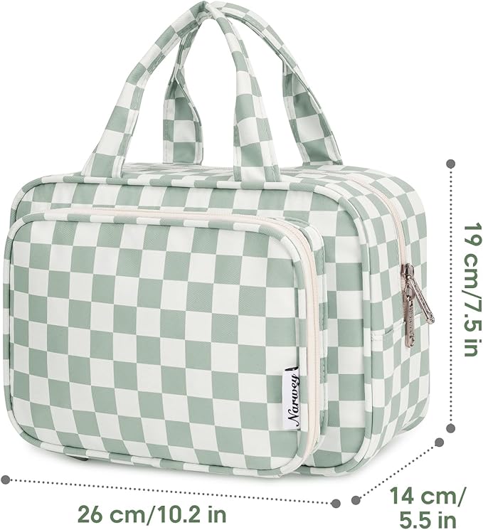 Narwey Large Travel Toiletry Bag for Traveling Women, Cosmetic Makeup Bag Make Up Organizer, Checkered Travel Bag for Toiletries with Handle (Mint Green Checkerboard)
