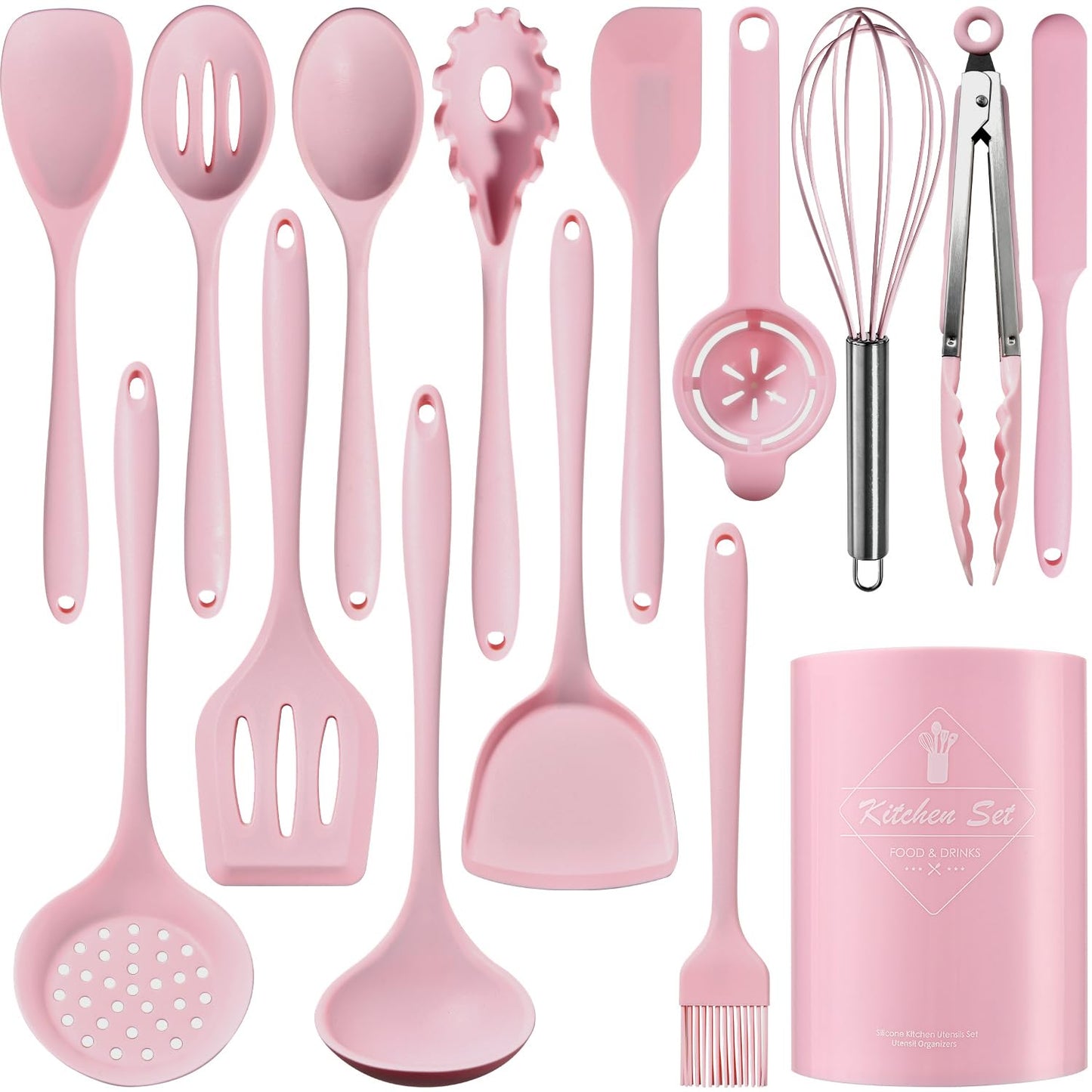 Silicone Kitchen Utensils Set - 15 Pieces Non Toxic Silicone Utensils Set For Cooking，428°F Heat Resistant Food Grade Kitchen Tools，Dishwasher Safe (Pink, 15 Piece Set)