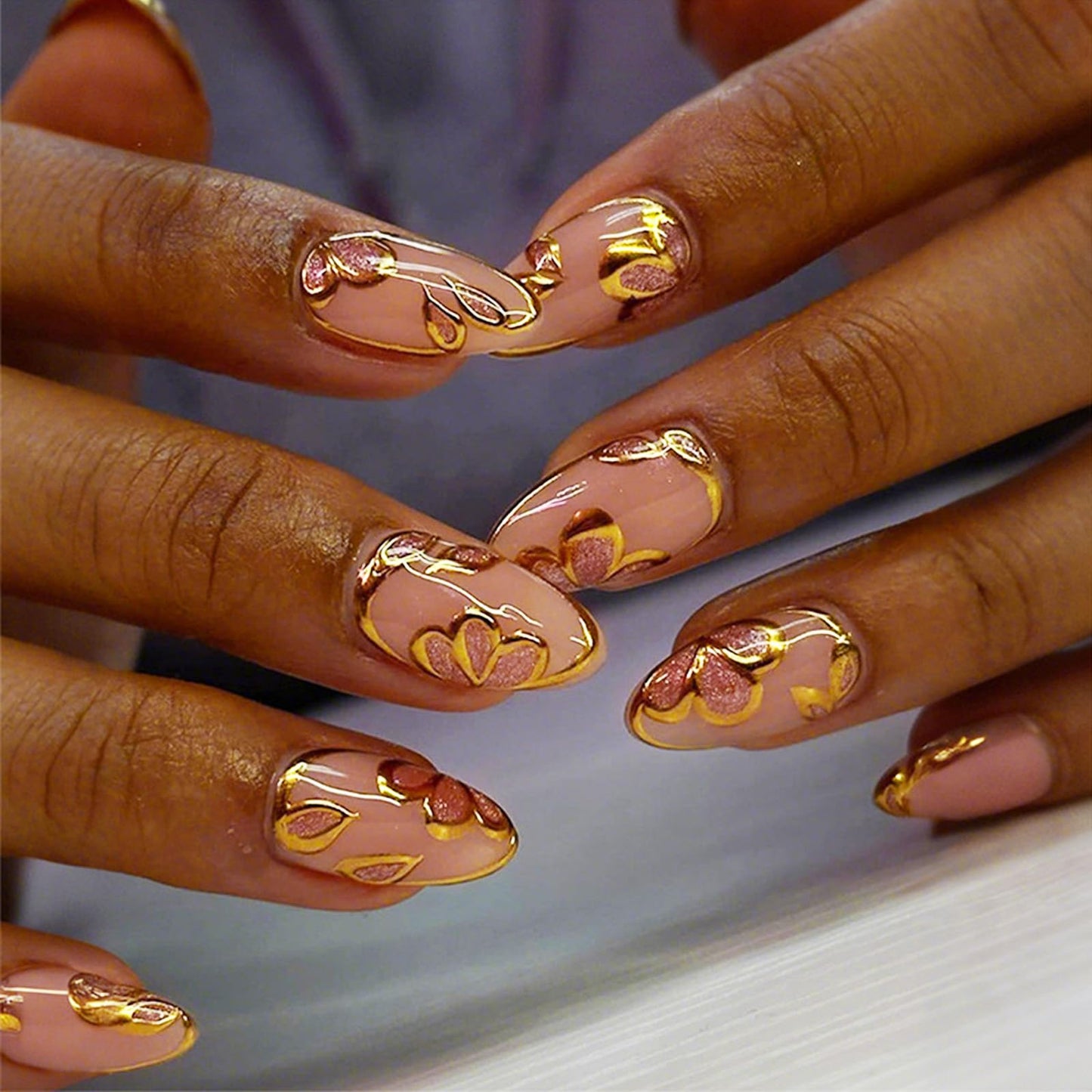 3D Gold Flower Press on Nails 24Pcs Peach Blossom Medium Almond Fake Nails Leaves Gel Glue on Fingernails Glossy Pink Glitter Stick on Nail Acrylic Full Cover False Nail for Holiday Manicure Art