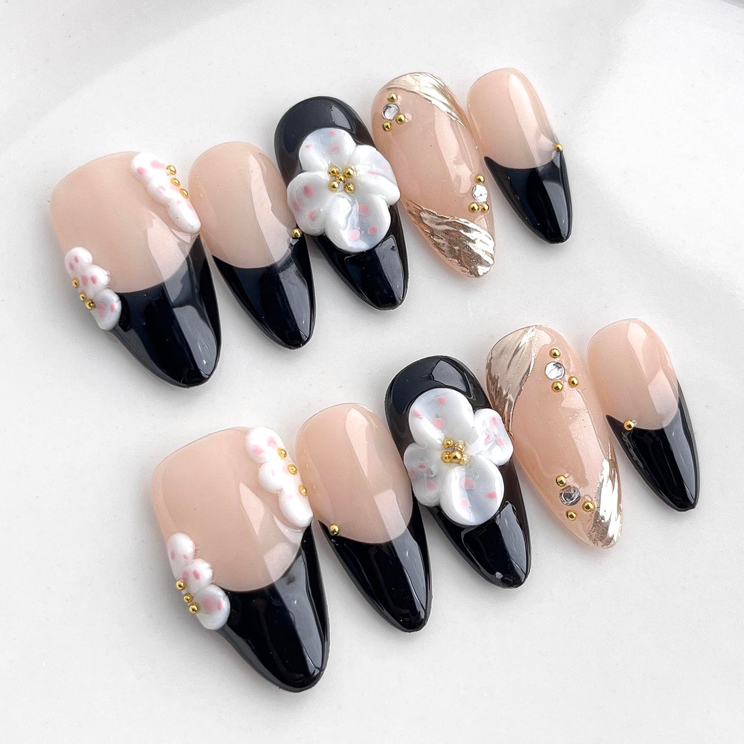 Handmade Press on Nails Almond Medium 3D Floral French Tip Thick Acrylic Fake Nails False Nails with White Flower Gold Curve Line Designs Black Sturdy Nail Art Press on Nails 10Pcs(S)