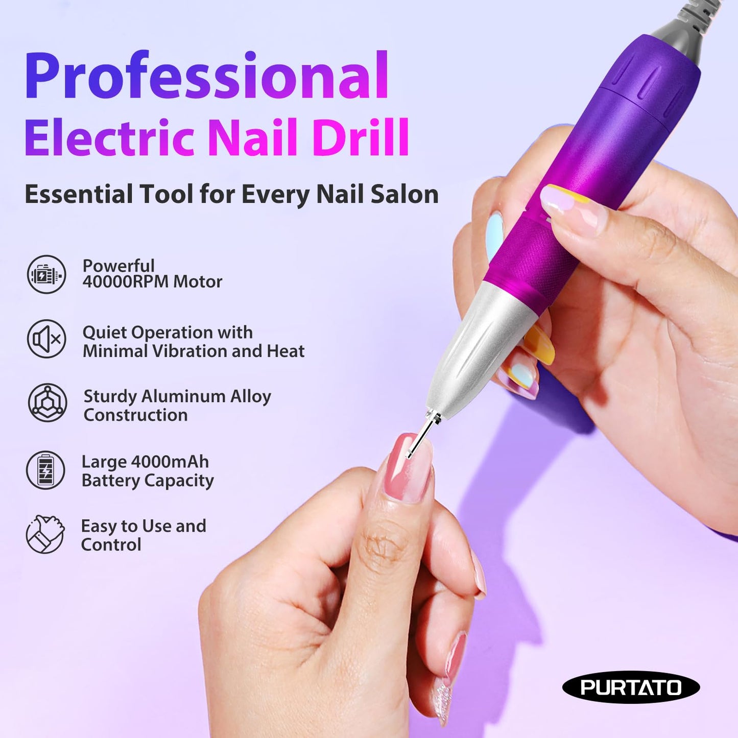 PURTATO Professional Nail Drill 40,000 RPM, Rechargeable,LCD Display E File Machine for Acrylic Nails Gel Polishing Removing Portable Nails Efile Tools for Manicure Salon & Home (Blue&Purple)