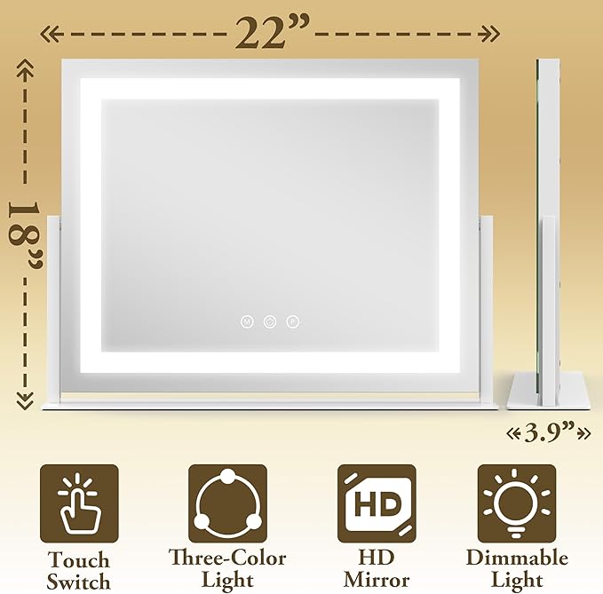 FENNIO Vanity Mirror with Lights 22''x18'' Makeup Mirror with Lights,Lighted Makeup Mirror with 10X Magnification and USB，Smart Touch Screen with 3-Color Lighting,Dimmable（Square White）