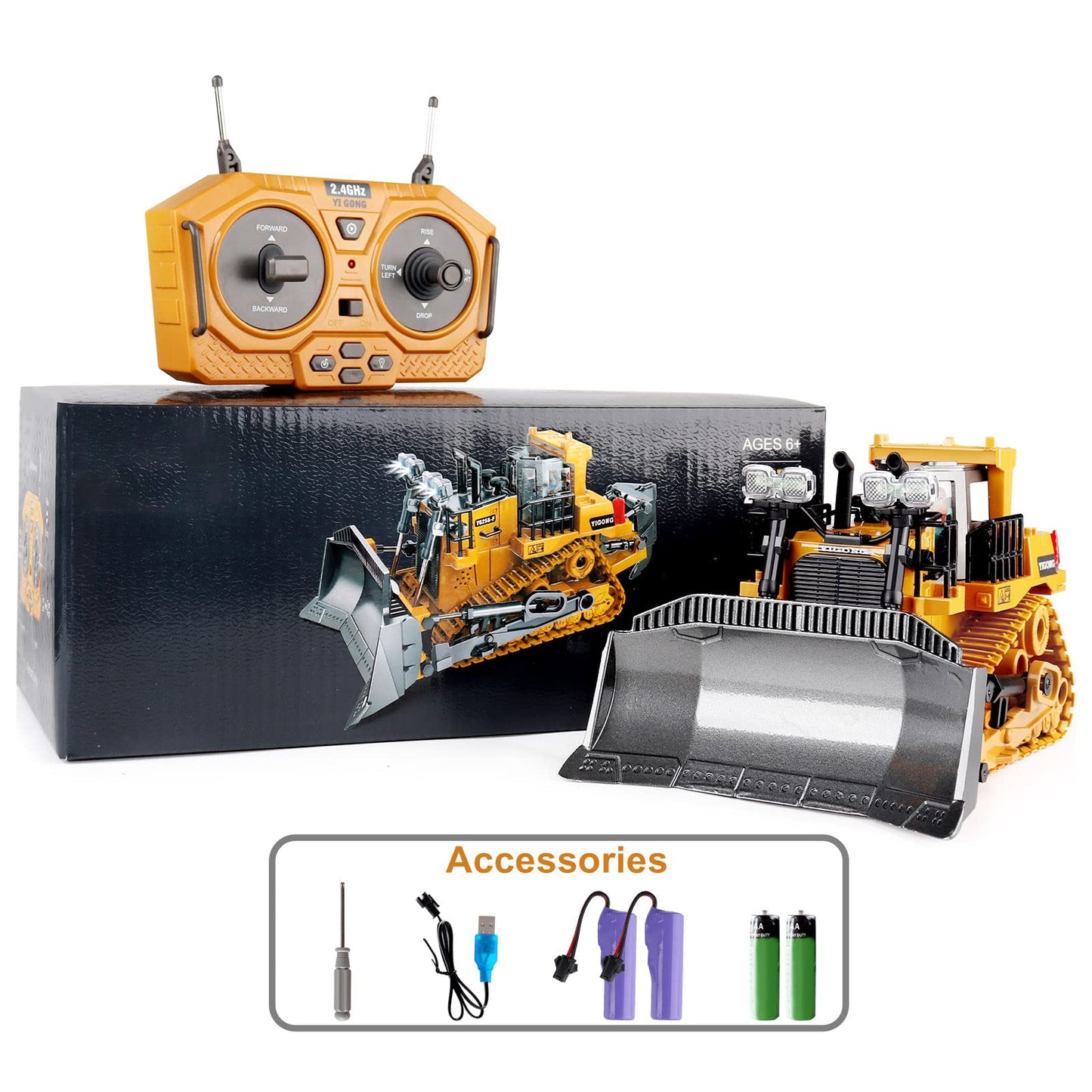 Dwi Dowellin Rc Bulldozer Toys for Boys,Construction Remote Control Bulldozer with Metal bulldozing Shovel Lights/Sounds for Kids Boys