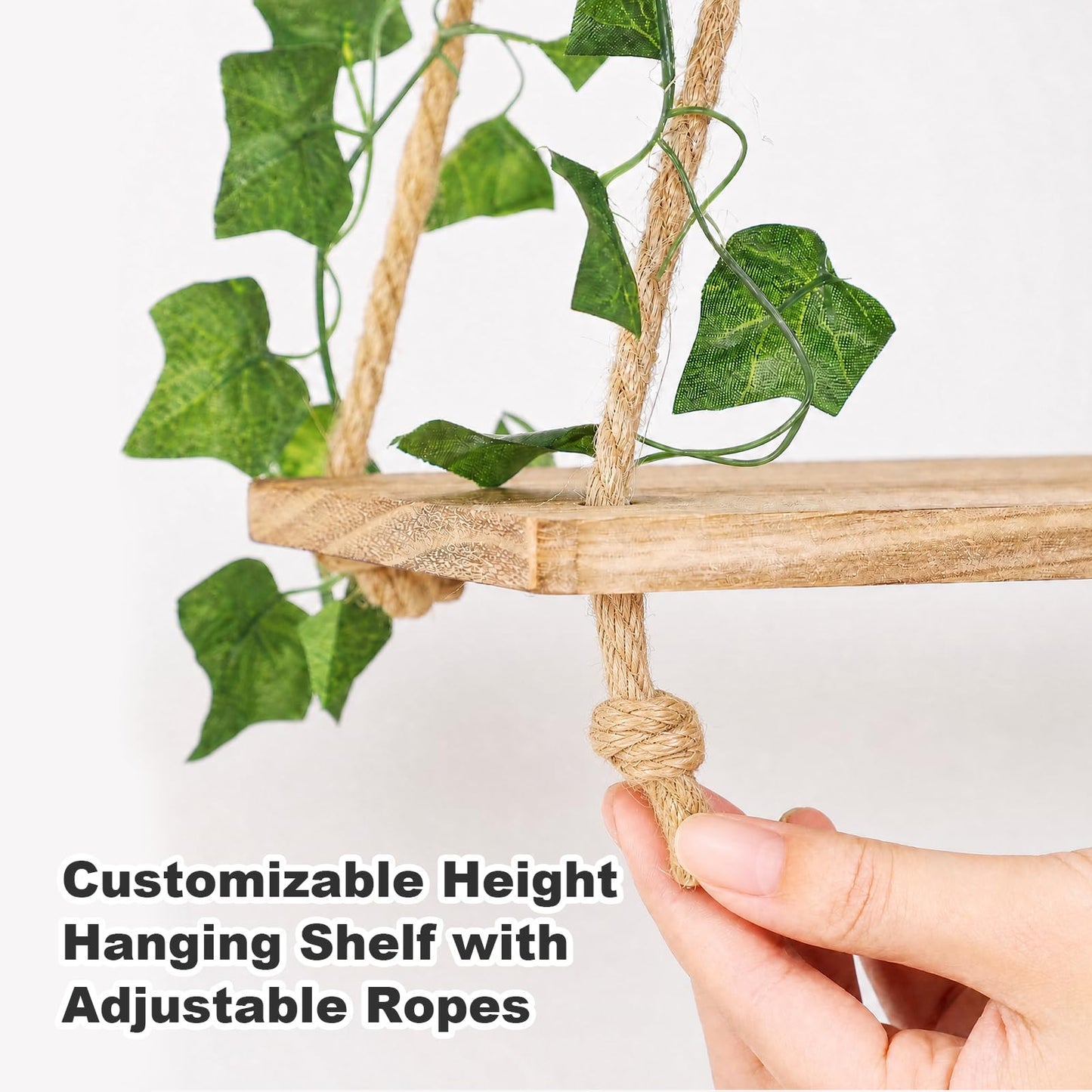 RICHER HOUSE Macrame Floating Shelves for Wall No Drilling, Boho Hanging Shelf with Artificial Ivy and LED Lights, Plant Wall Decor for Living Room Bedroom Dorm