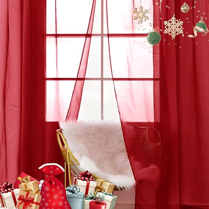 SpaceDresser Sheer Voile Window Treatment Rod Pocket Curtain Panels for Kitchen Bedroom Living Room Drapes Sunlight Filtering Privacy Semi Home Decor Assorted Colors Sizes (Christmas Red, 52 W x 96 L)