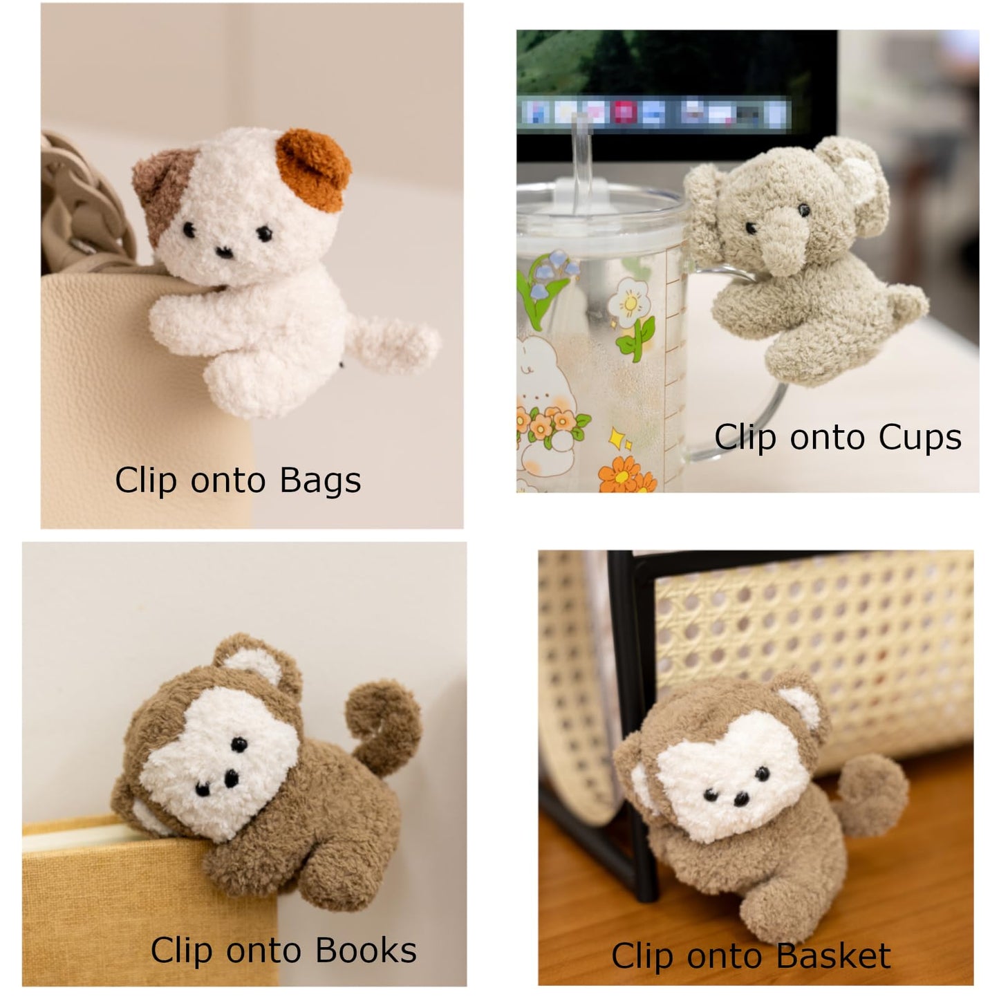 Cute Animal Plush Gift Set-Penguin Wrist Rest & 3 mini Plush Clips(Monkey,Dog,Elephant) Kawaii Cozy Desk Decor for Office, Study, Home,Gift Box Included