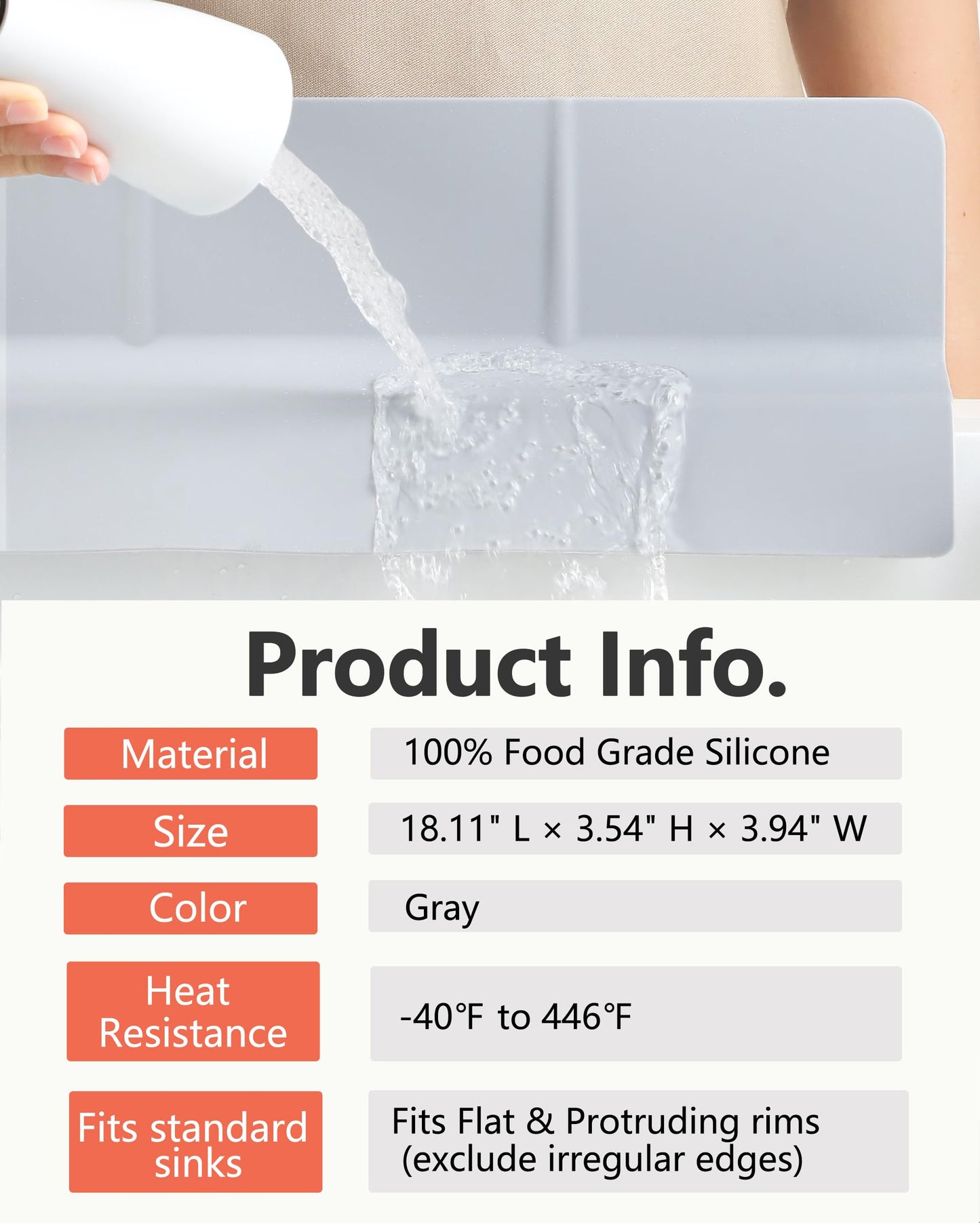 Akrelyan Kitchen Sink Splash Guard 18" 23" Self-Draining Silicone Water Guard with High Splash Wall & Strong Suction Cups for Faucet, Countertop & Sink Edge, Keeps Sinks Dry, Dishwasher Safe, Gray