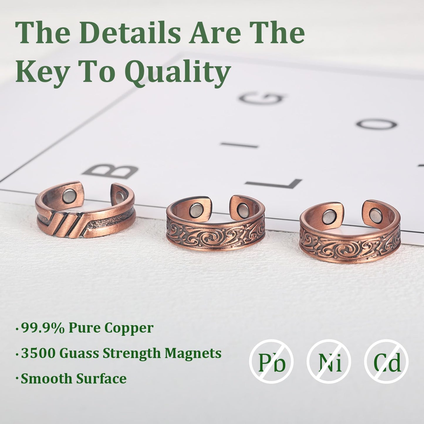 Fashtour 3 Copper Rings for Men, 99.9% Pure Copper Magnetic Rings, Vintage Pattern Adjustable Cuff Ring
