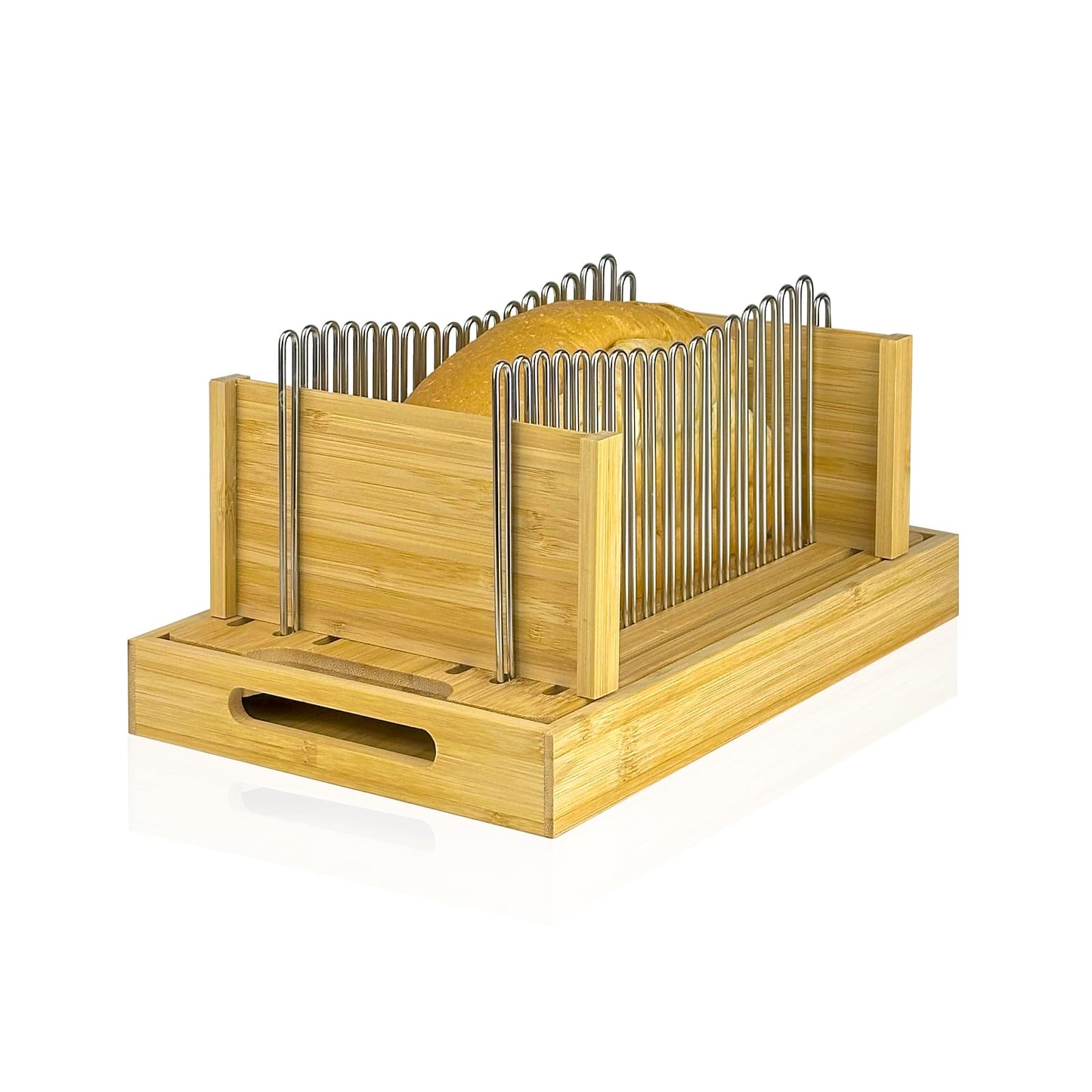 Bamboo Bread Slicer for Homemade Bread by Forest Manor - Adjustable Width Stainless Steel Slicing Guides & Crumb Tray -Sourdough Bread, Cakes, Loaves, Bagel Slicer - Kitchen Baking Tools & Gifts
