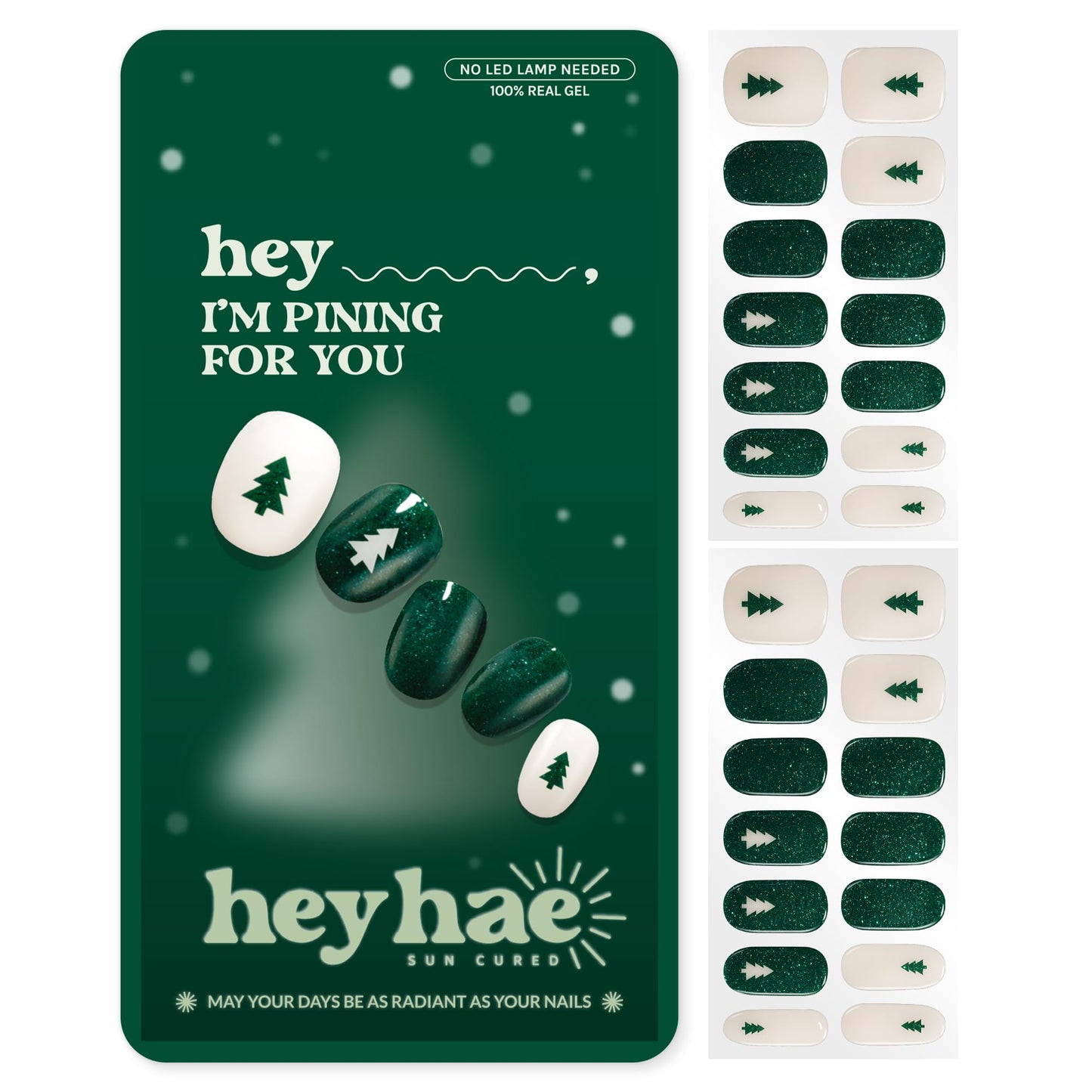 Heyhae Semi Cured Gel Nail Strips | No LED Lamp Needed | Glitter, Green | Easy Apply & Remove, Salon Quality | Includes 28 Strips, 1 Prep Pads, Nail File & Wooden Stick - Hey, I’m Pining for You