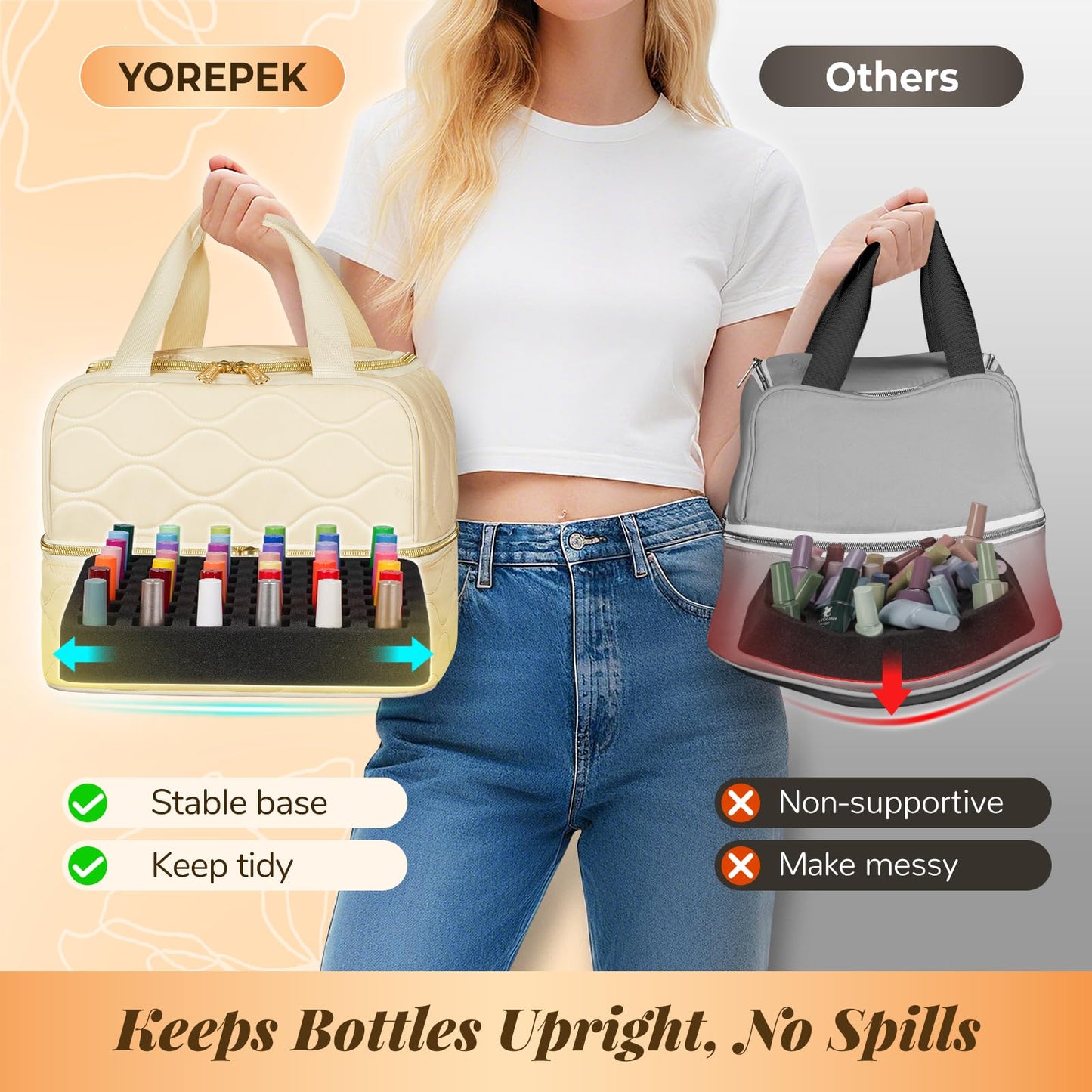YOREPEK Nail Polish Organizer Case Holds 42+ Bottles (15ml/0.5 fl.oz), 2-Layer Nail Kit Bag with Compartments for Nail Supplies, UV Lamp, Nail Tech Organizers and Storage for Manicure Tools, Beige