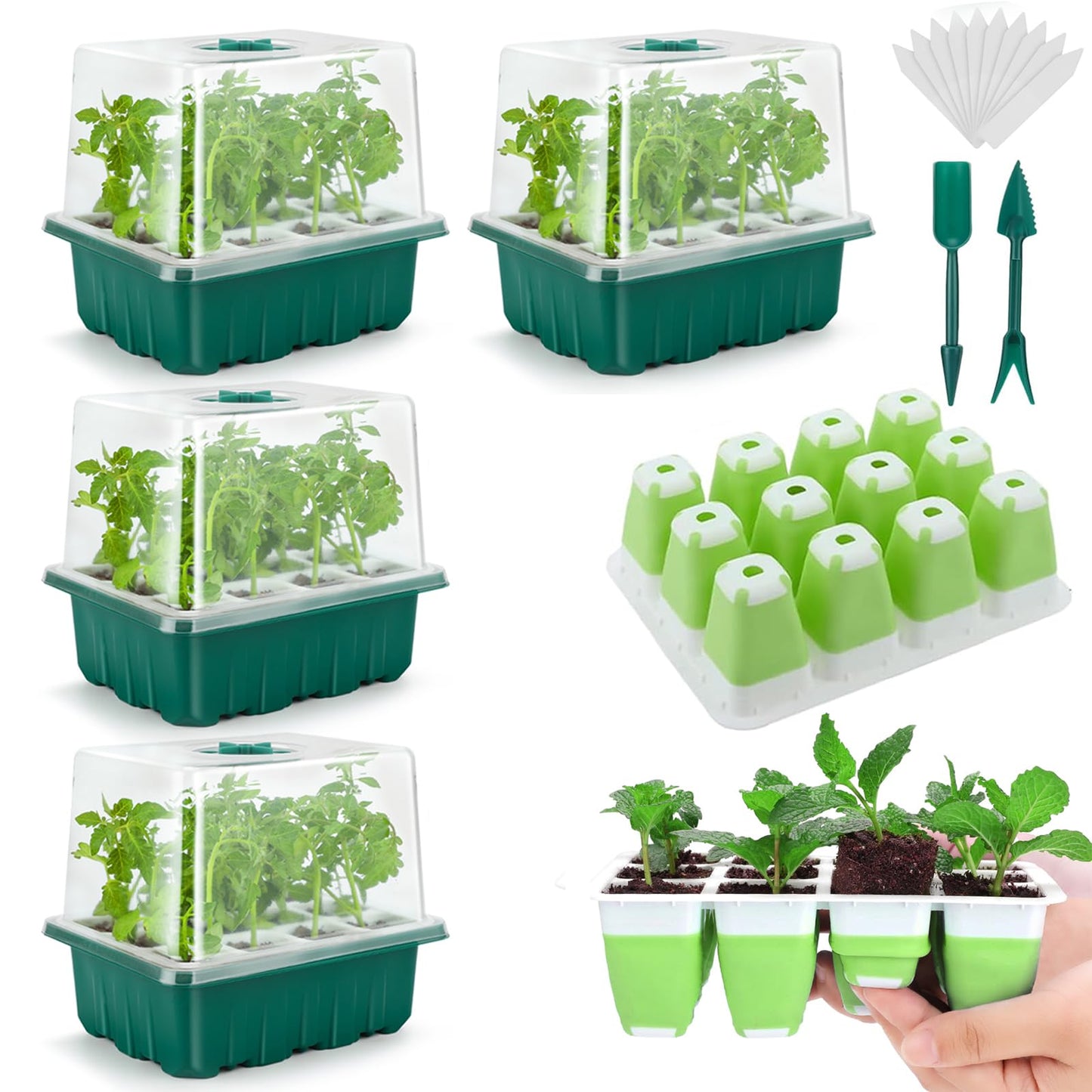 Seed Starter Tray, 48 Cells Indoor Seed Starter Kit, Flexible Silicone Designed Seedling Starter Trays, Germination Tray with Humidity Dome & Lids(4in Height), Reusable & Dishwasher Safe, BPA-FREE