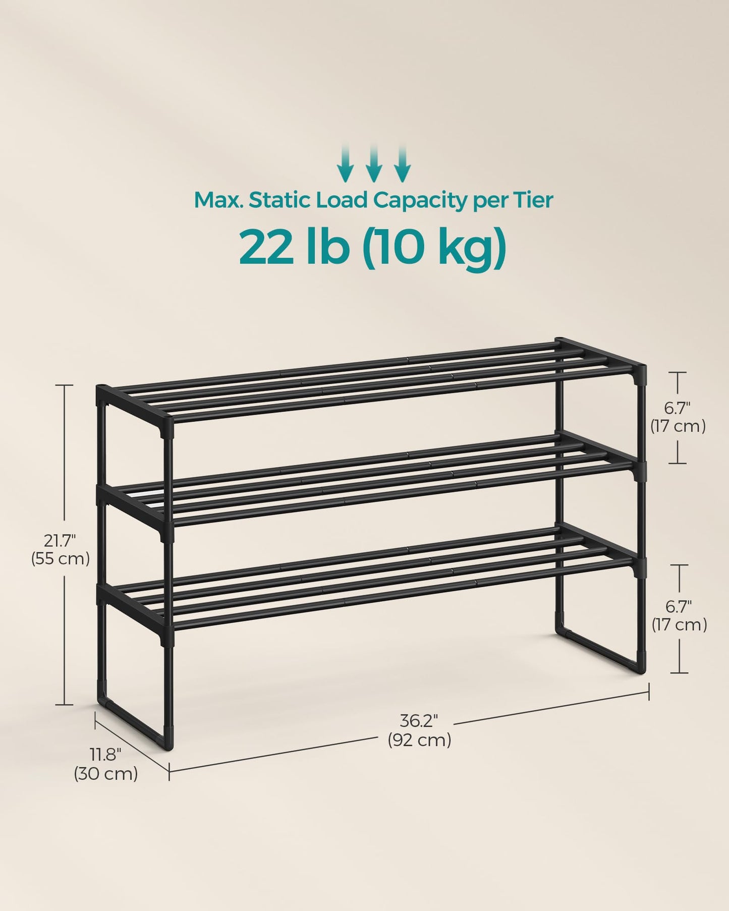 SONGMICS Shoe Rack, 3-Tier Shoe Organizer, Metal Storage Shelf, Upright or Upside Down, for 16-20 Pairs, Stackable, for Entryway, 11.8 x 36.2 x 21.7 Inches, Black ULSA303B02