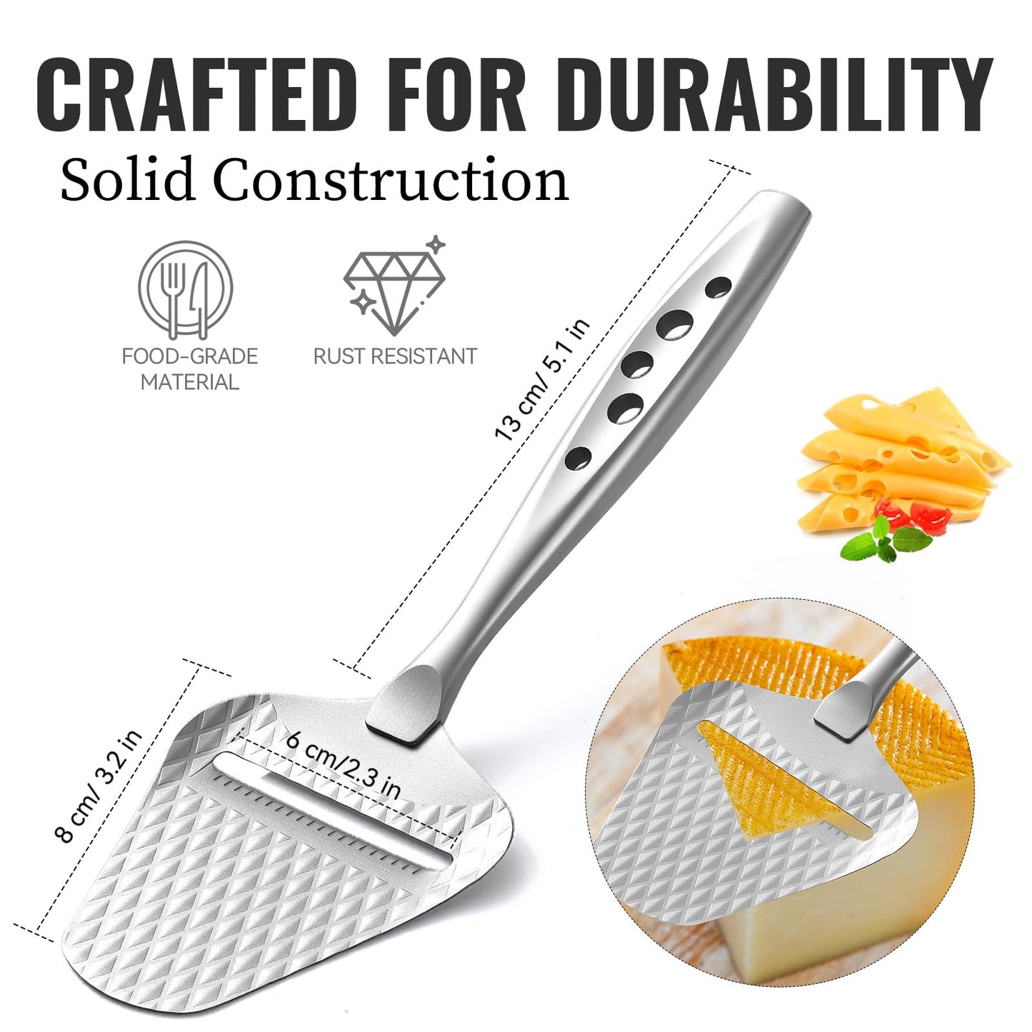 Premium Cheese Slicer – Effortless Slicing for All Cheese Types – Multi-Functional Cheese Cutter - Stainless Steel Cheese Plane – Quilted Pattern Reduces Resistance, Non-Stick, Ergonomic Handheld Grip