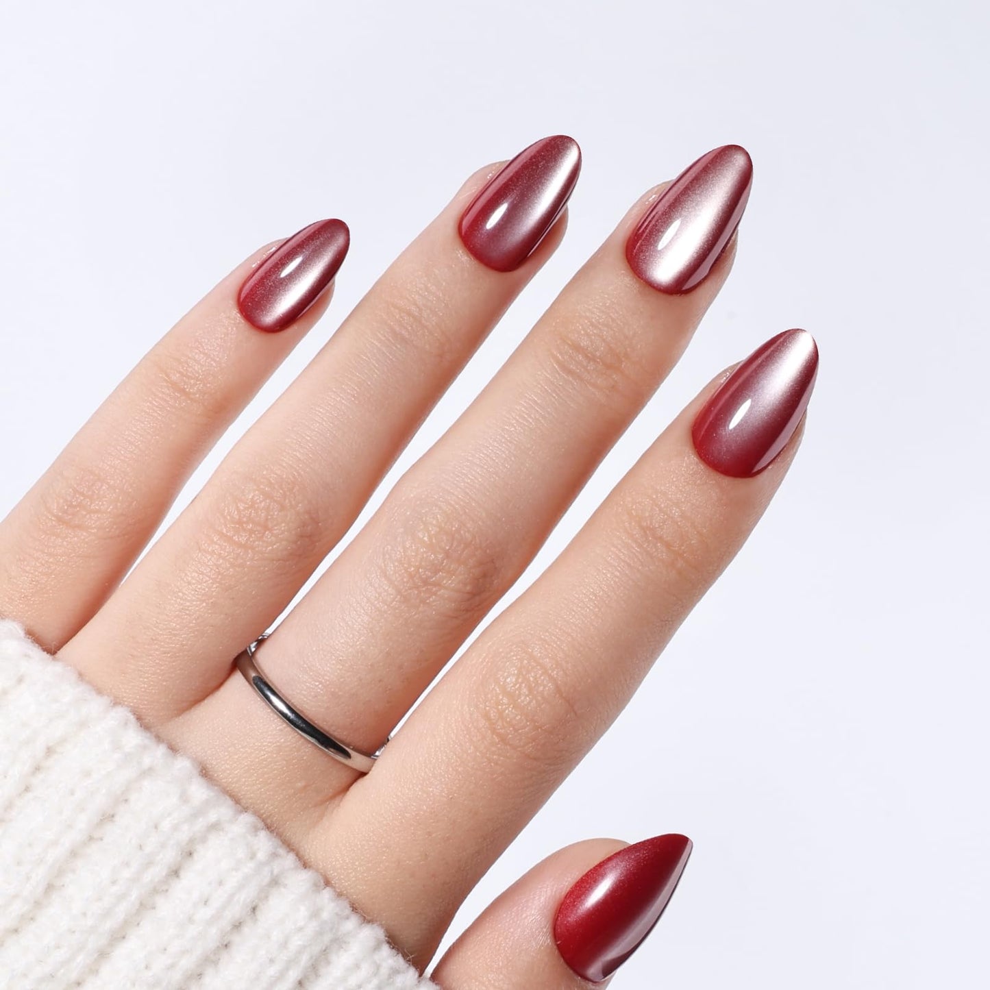 Red Cat Eye Press on Nails Short Almond - Wine Red Press on Nails, Reusable Glossy Nails Press ons for Women, Fake Nails Kit with Glue, 32 Pieces in 16 Sizes