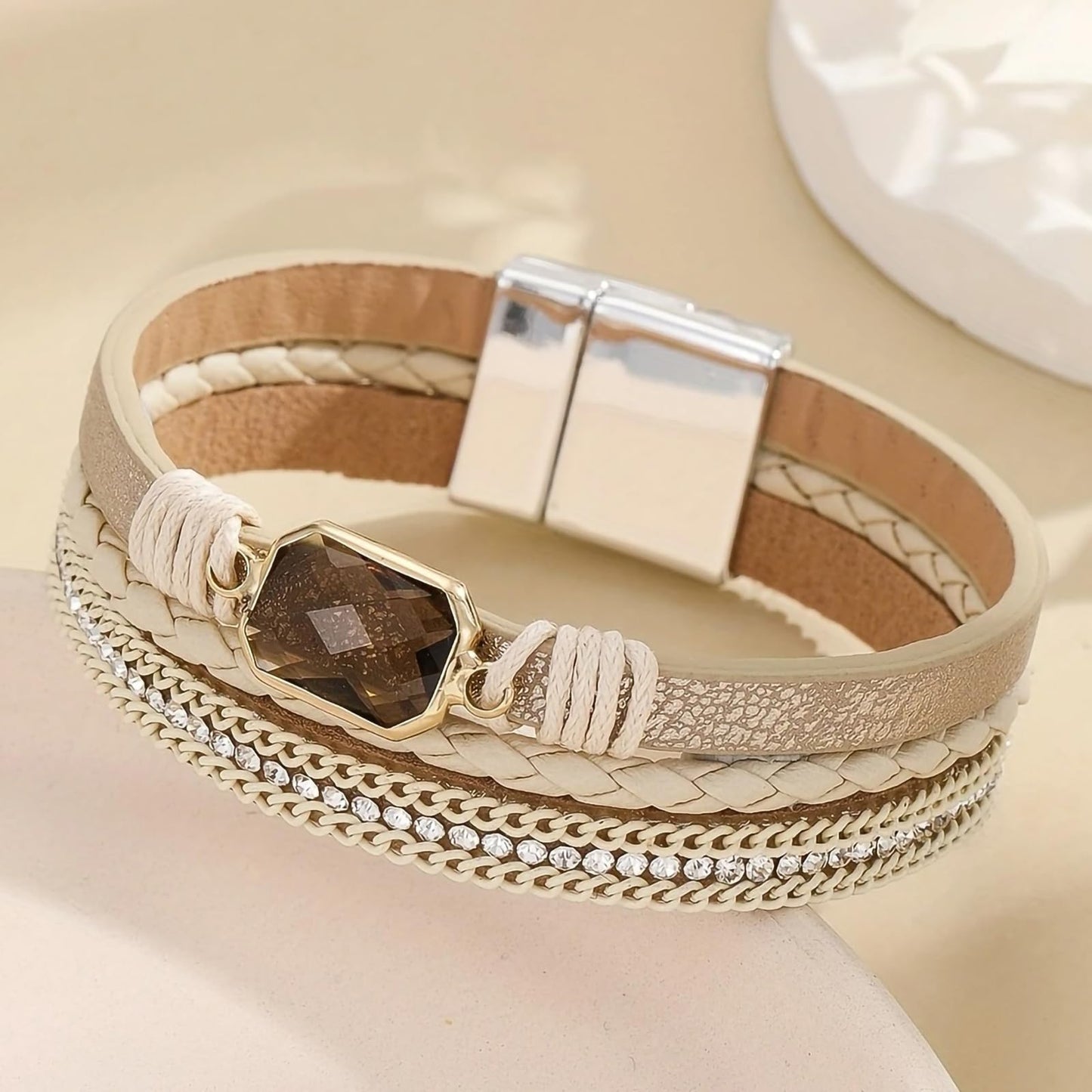 Leopard Bracelet for Women, Boho Leather Wrap Multi-Layer Pearl Crystal Bracelet Bangle Jewelry(Square Crystal(Beige))