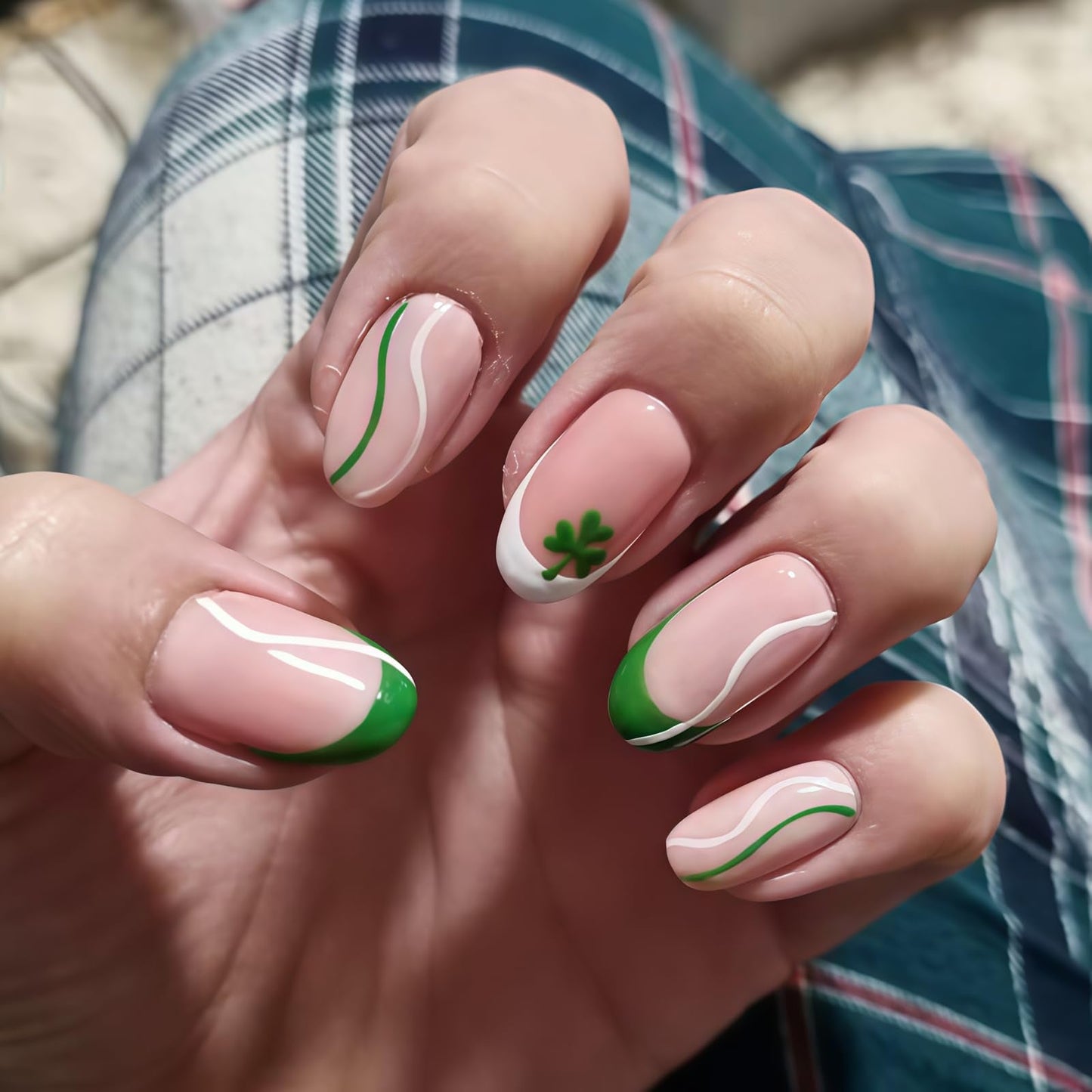 St. Patrick's Day Press on Nails Medium Oval Fake Nails Green French Tip Glue on Nails Press ons with Striped, Clover Design,St. Patrick's Day Nail Full Cover Stick on Nails for Women Manicure 24Pcs