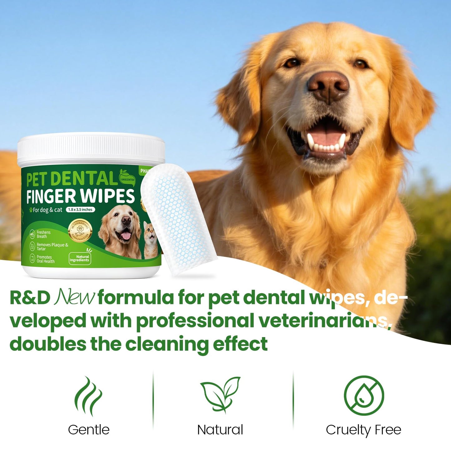 PHASORRA Dog & Cat Tooth Brushing kit - 60Ct Dog Toothbrush & Toothpaste Alternatives, Dental Care Wipes, Heavy Duty Teeth Cleaning, Remove Tartar & Plaque, Breath Freshener