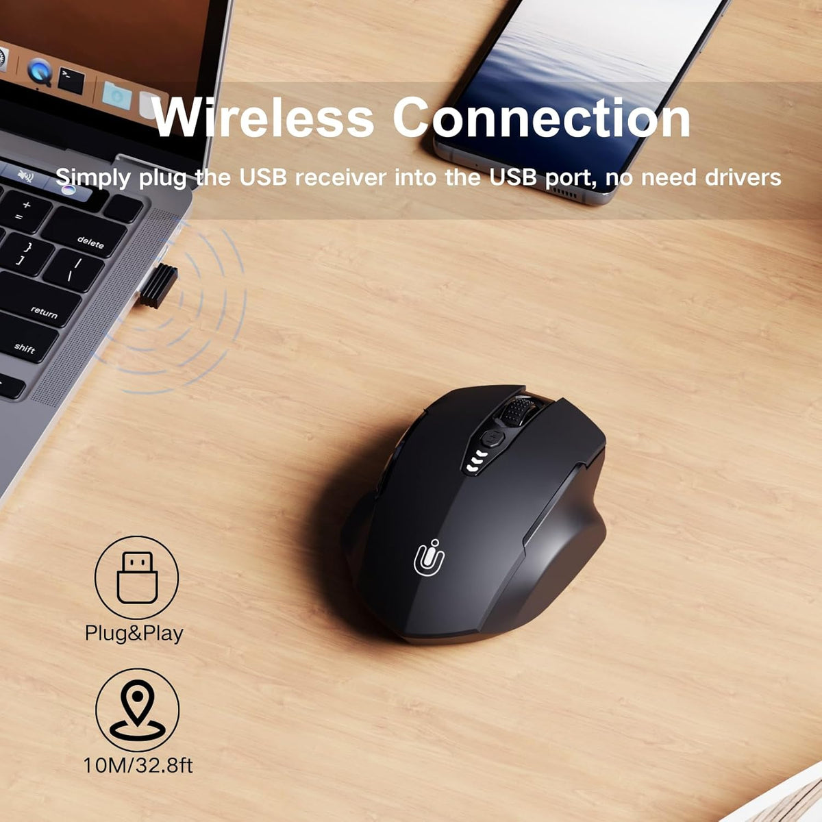 Wireless Mouse,Upgraded 2.4GHz Rechargeable (Battery Level Visible) Ergonomic Computer Mouse,4 Levels DPI, Wireless Mice for Laptop Computer(Matte Black)