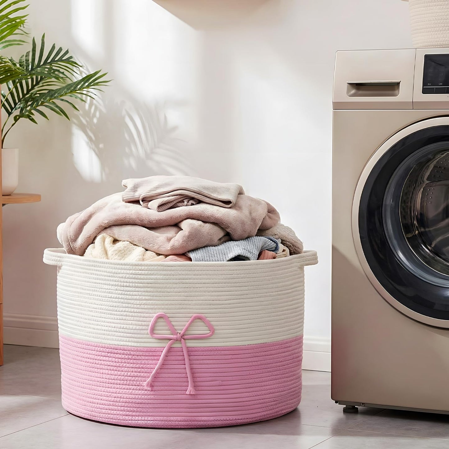 Breling 70L Pink Bow Extra Large Cotton Rope Basket 21" x 14", Woven Baby Laundry Blanket Basket Box with Handle Storage, Blanket Storage for Living Nursery Pillows Laundry Baby Toy Chest