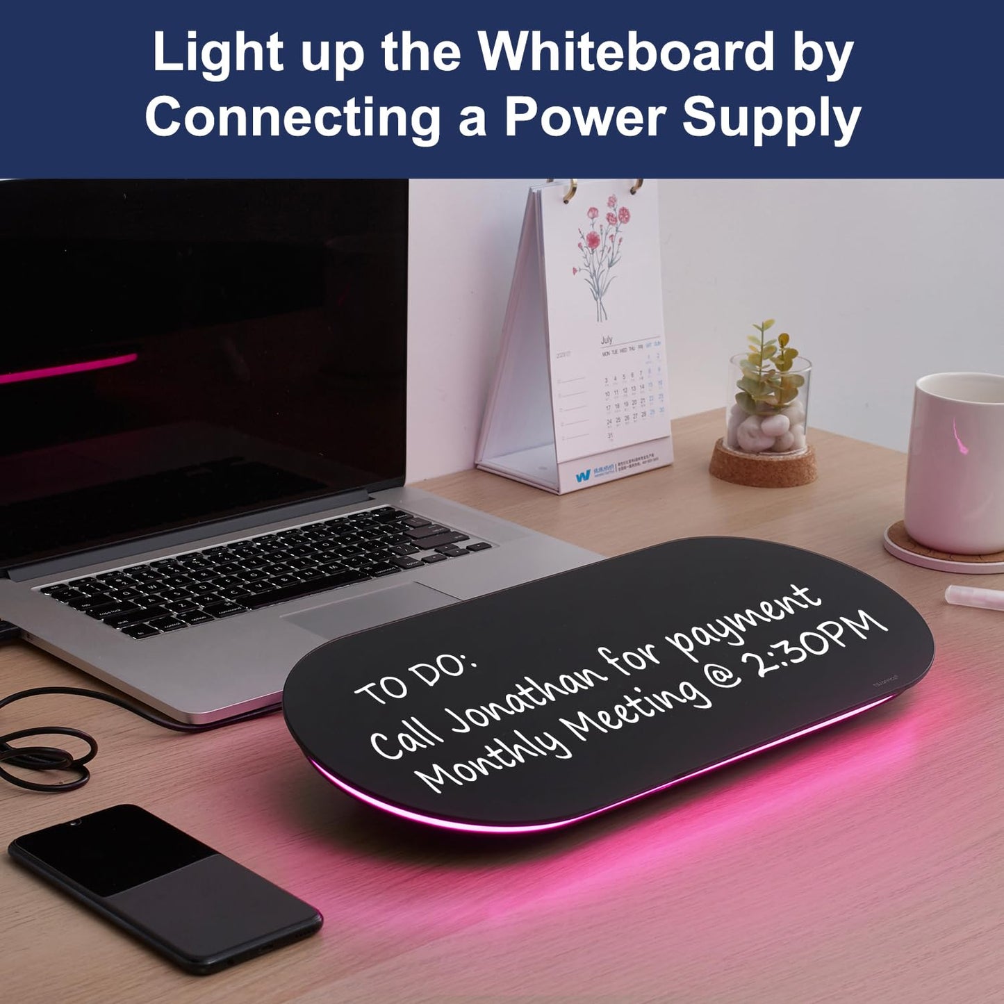 TSJ OFFICE Glass Desktop Whiteboard - 17 X 7 Inches Small Dry Erase Board with Pink Light, Black Glass White Board Surface Notepad with 1 Drawer, Desk Organizers for Office, Home, School Supplies