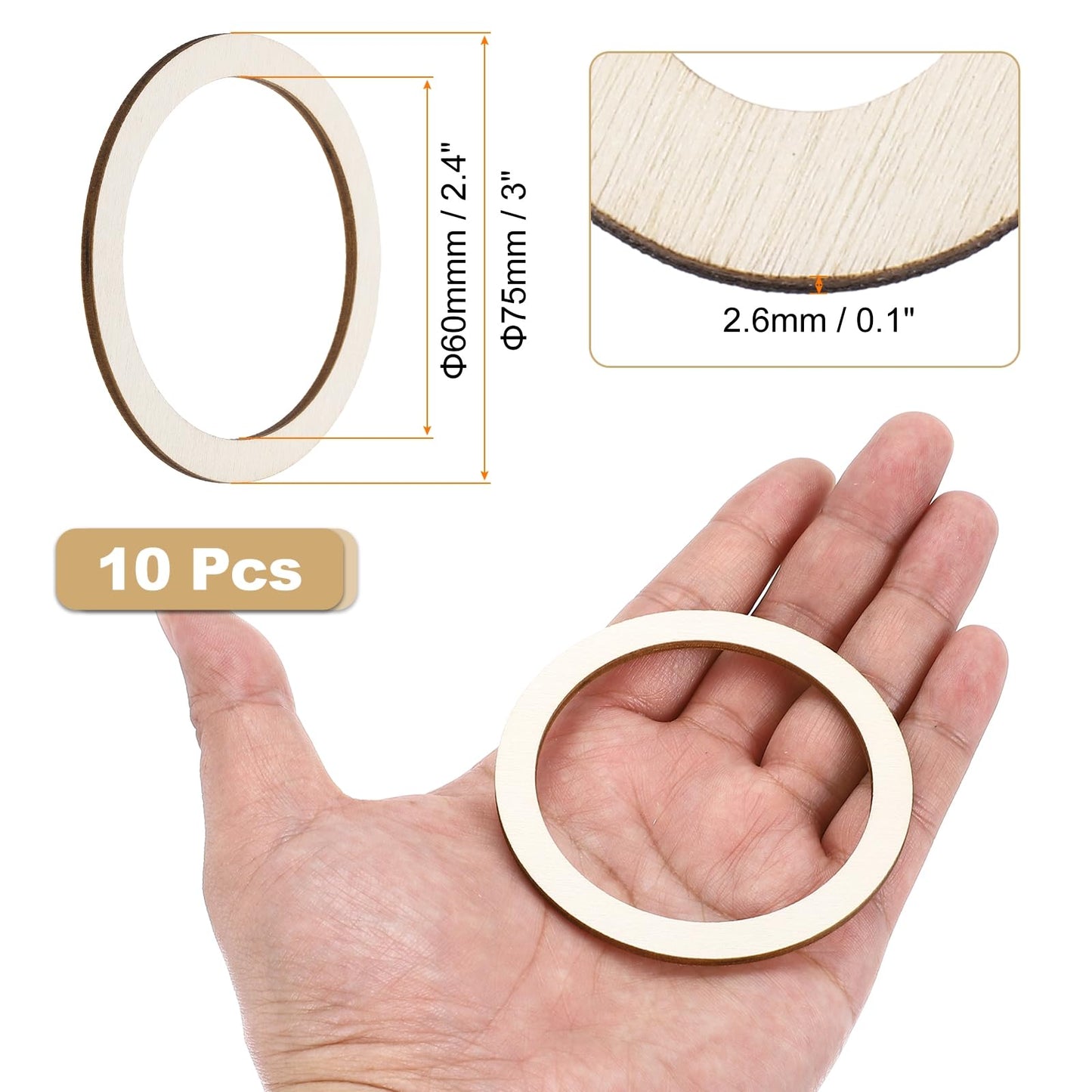MECCANIXITY 3 Inch Unfinished Wood Rings, 2.6mm Thick Natural Wooden Ring Circle Flat Round Shape Ornaments Wooden Slices for Frames, DIY Crafting Projects, Painting, Home Decor, 50Pcs