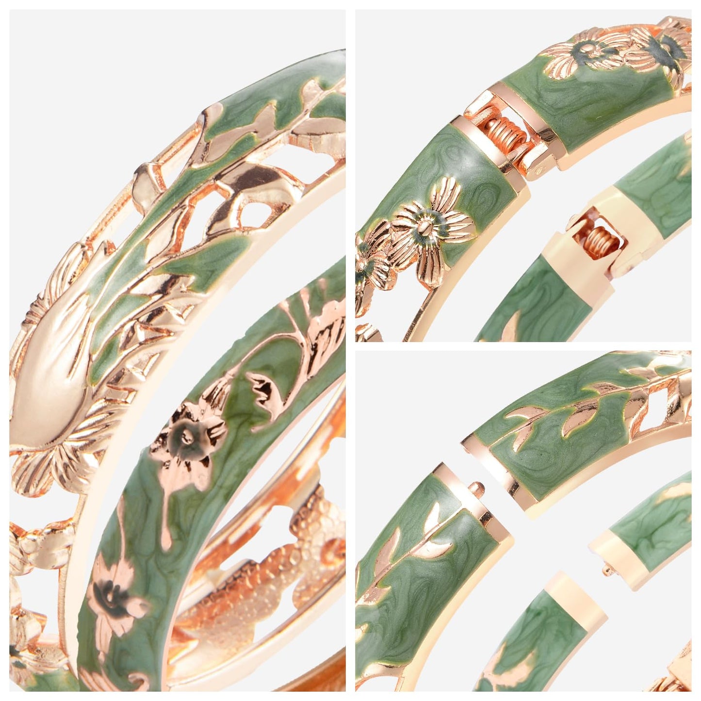 wynameleri Vintage Jewelry Cloisonne Handcrafted Enameled Gorgeous Rhinestone Flower Gold Hinged Cuff Bracelet Bangles Gifts 88A31-55A81 green