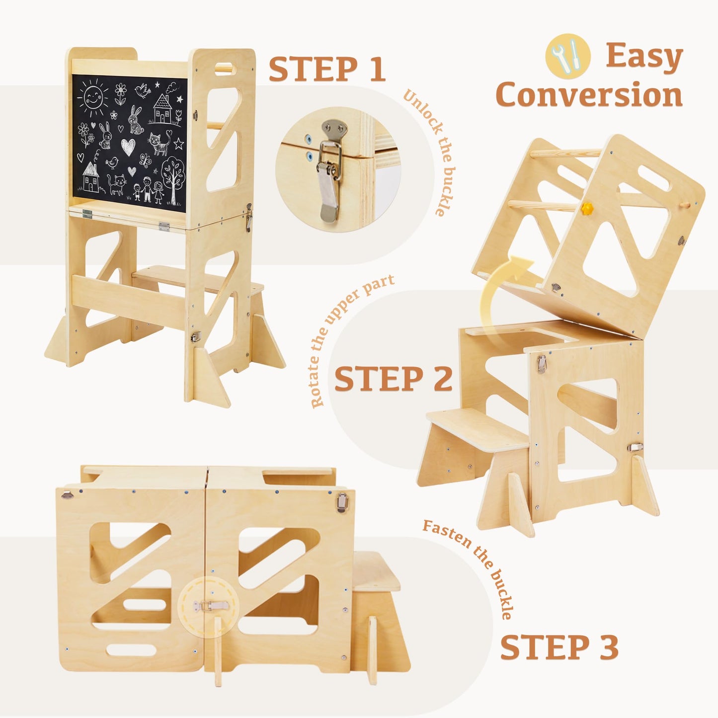 Toddler Kitchen Stool, 4 in 1 Foldable Toddler Tower with Anti-tip Structure, Montessori Learning Standing Tower for Kitchen Counter & Bathroom Sink, Kitchen Stool Helper for Kids 18M+