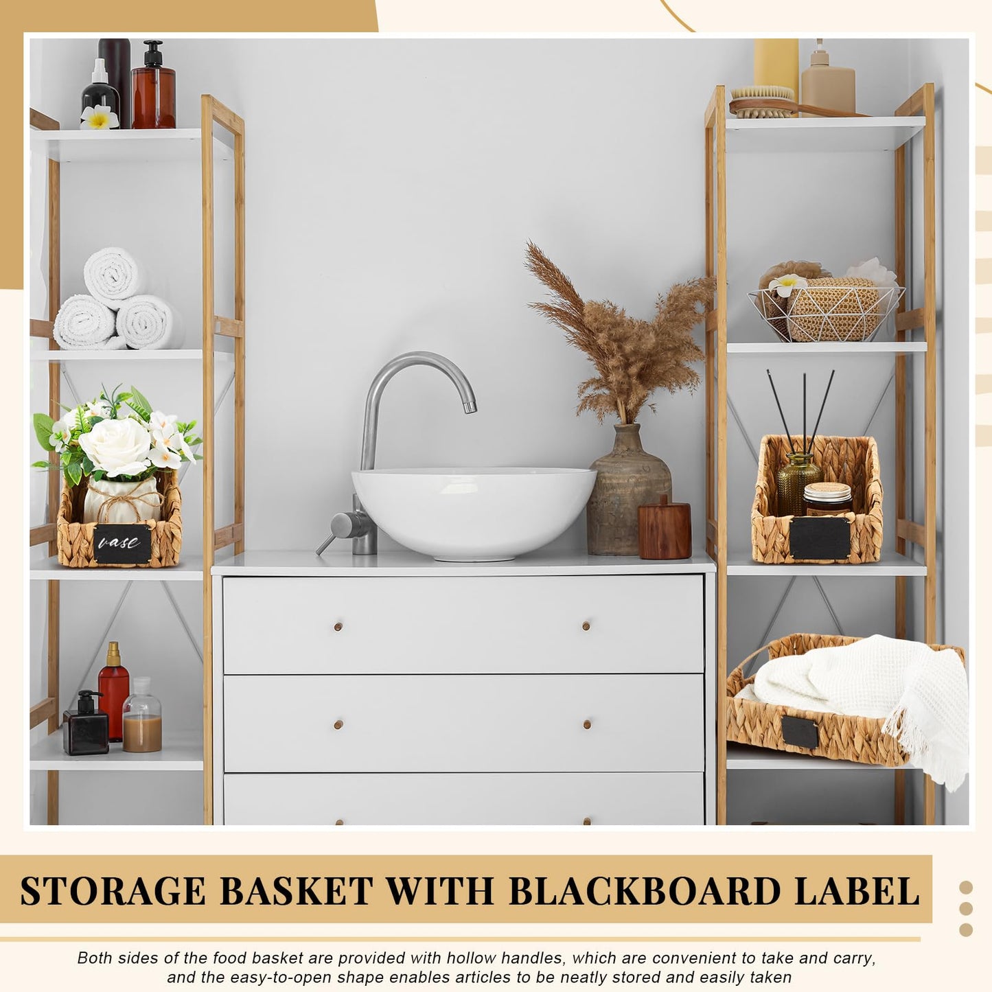 Wonderjune 4 Pcs Water Hyacinth Storage Basket Set Boho Wicker Rattan Pantry Basket with Chalkboard Label Handles Woven Container Kitchen Laundry Large Small for Shelves Food Home Bathroom Decor
