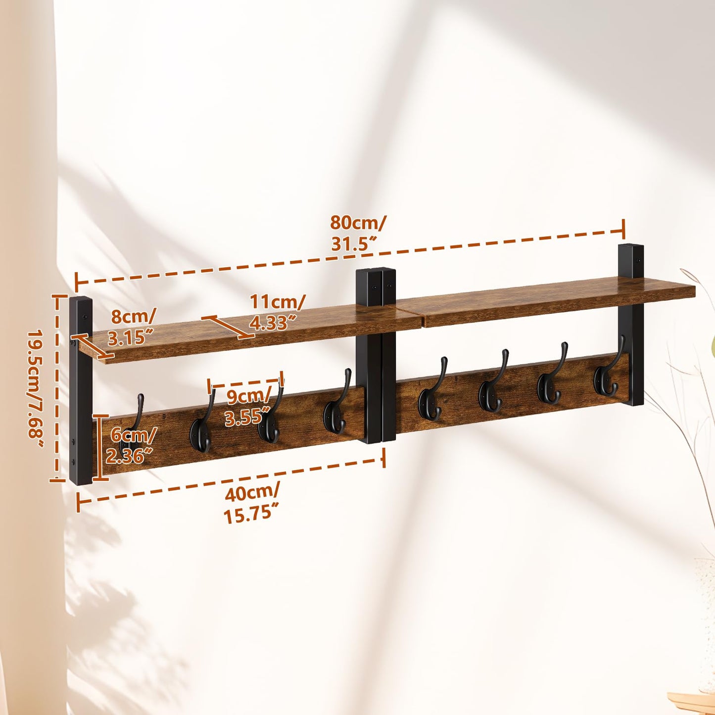 YMYNY Coat Rack Shelf Wall Mounted, Coat Hooks Set of 2, Entryway Coat Hanger with 8 Hooks, 31.5" Wall Floating Shelf with Hat Rack, for Kitchen, Bedroom, Bathroom, Rustic Brown UHWS001H-2