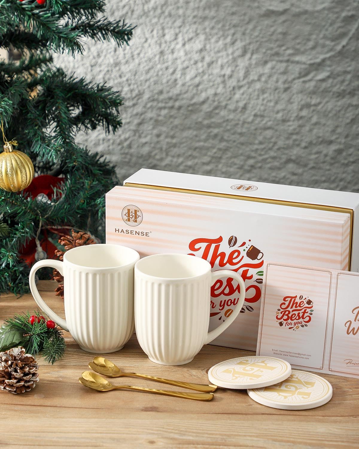 HASENSE Porcelain Coffee Mugs Set of 2, 20oz Large Ceramic Cups with Gift Box, Spoons & Coasters, Modern Ribbed Design - Valentine‘s Day Gift for Couples, Romantic Latte Cups for Wedding, White