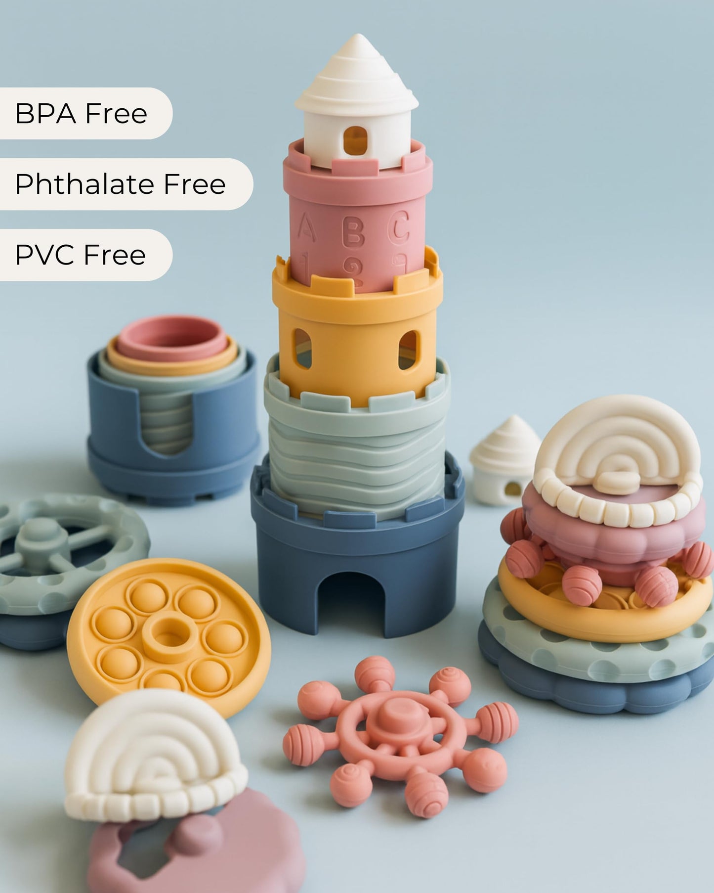 Hippypotamus Stacking Cups & Teething Toys - Silicone Montessori Baby Toys - Teethers for Babies 3-6 Months - Soft Castle Nesting Cups - Stacking Ring Toys