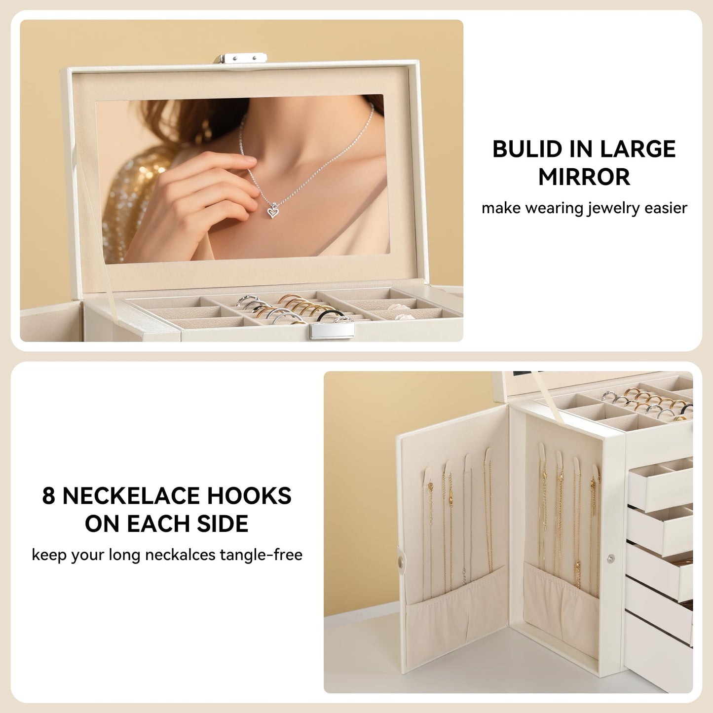 Frebeauty Large Jewelry Box,6-Tier PU Leather Jewelry Organizer,Multi-functional Storage Case with Mirror,Accessories Holder with 5 Drawers for Necklace Bracelets Watches(Pearl White)