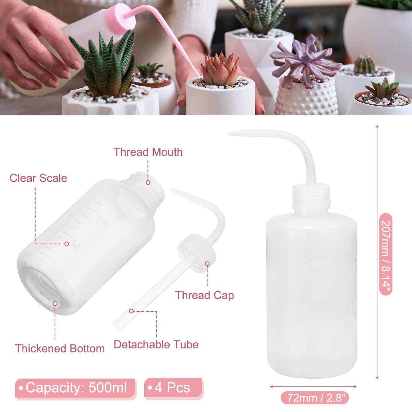 PATIKIL 500ml 17oz Succulent Eyelash Tattoo Wash Bottle, 4 Pcs Plastic Watering Squeeze Bottle Rinse Bottle for Plant Eyelash Extensions Irrigation Lab Gap Cleaning, Clear