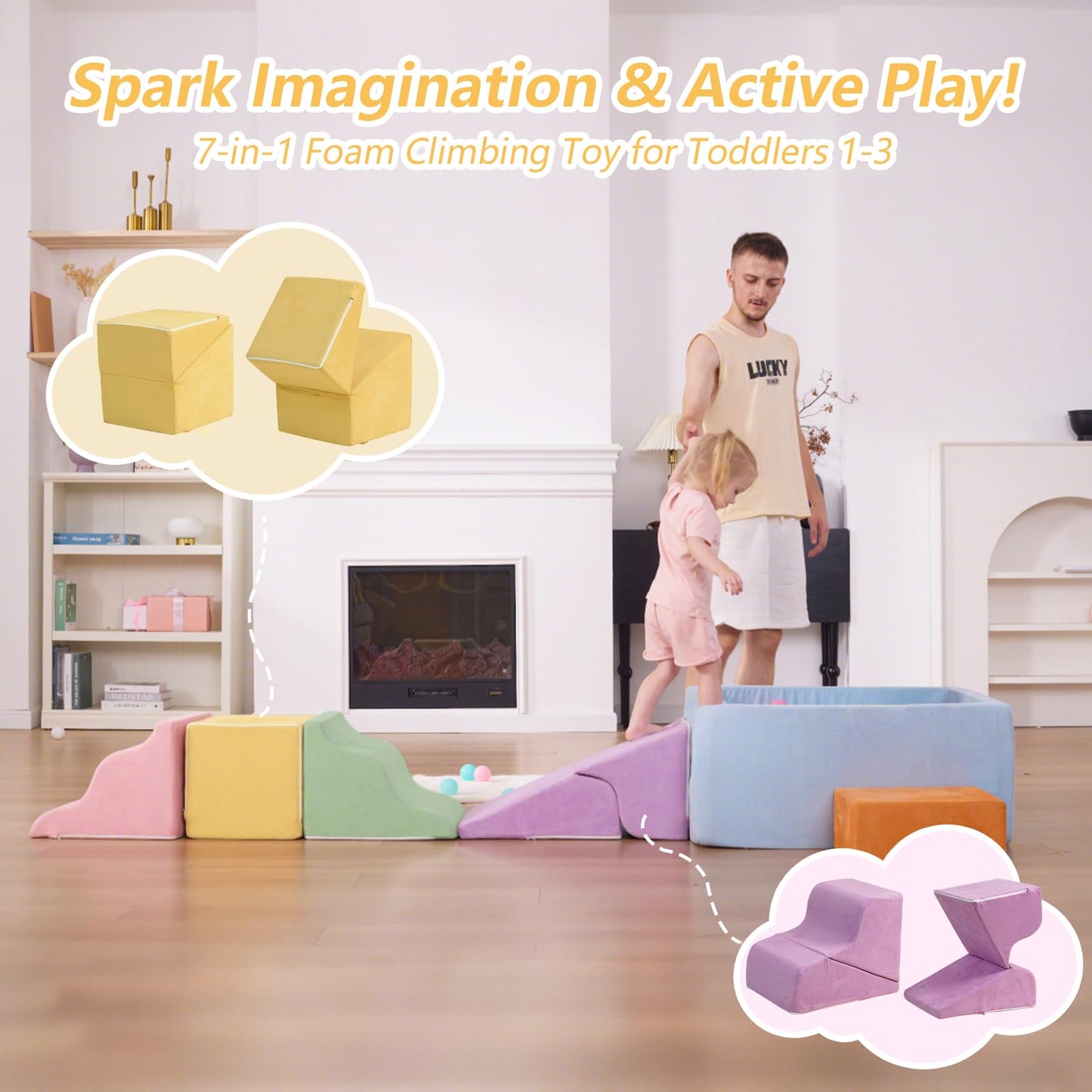 STAOLENE Climbing Toys for Toddlers, 7-Piece Foam Climbing Blocks with Ball Pit, Indoor Soft Play Set for Baby & Toddlers to Crawl, Climb, Motor Skills Development (Balls Not Included)