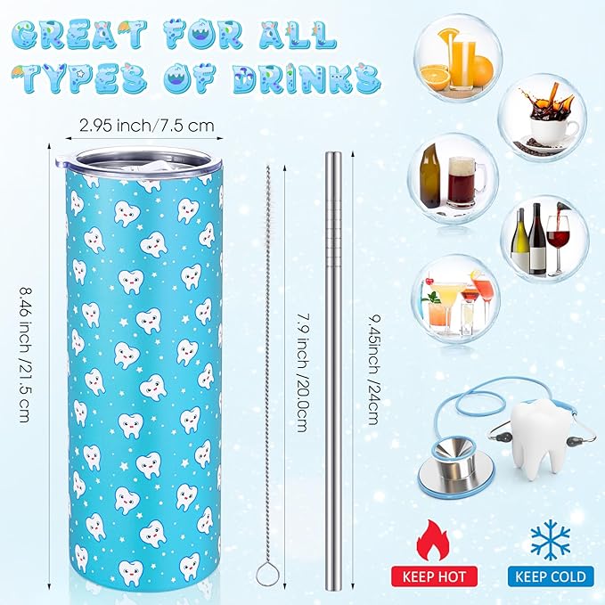 Umigy 2 Pcs Dental Assistant Gifts Teeth Dentist 20 oz Stainless Steel Tumblers Hygiene Student Coffee Mugs with Straws and Lids for Hygienist Dental Students Graduation Birthday Gift