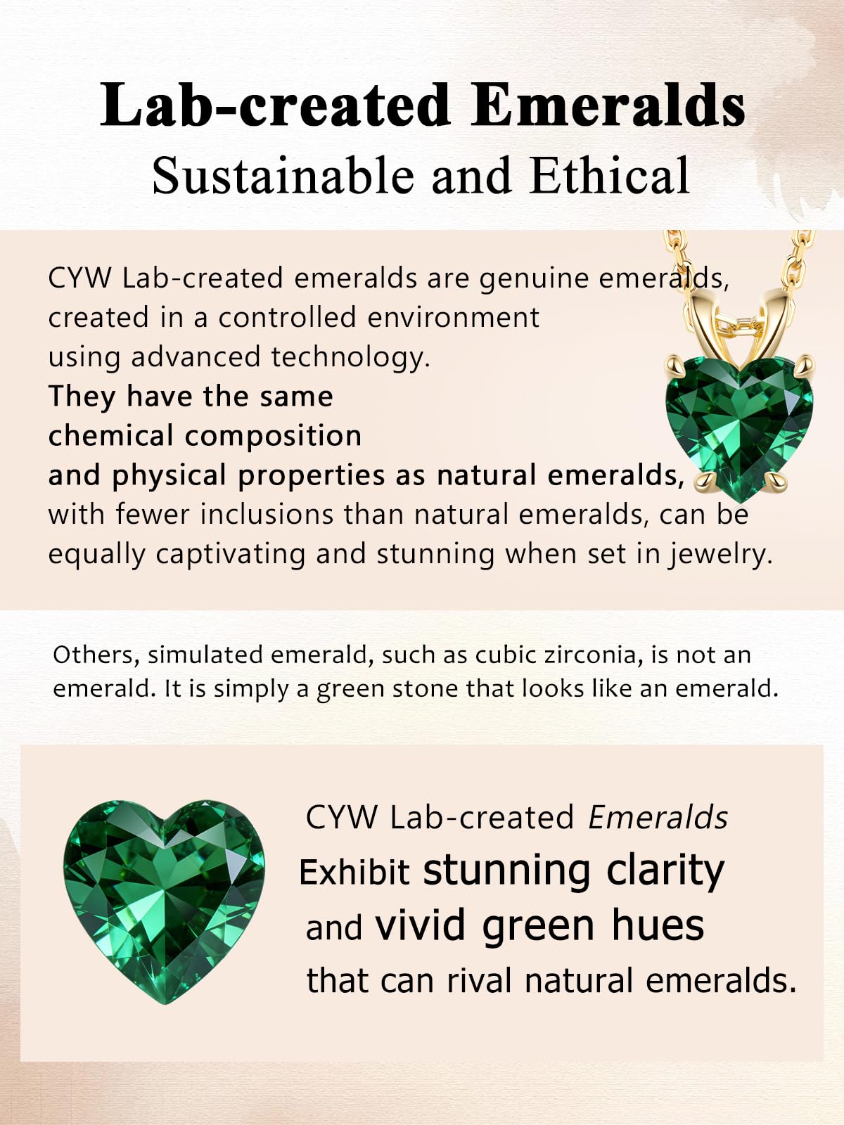 CYW 1 Carat Green Emerald Small Gold Heart Necklace for Women 925 Sterling Silver Solitaire Pendant Necklace