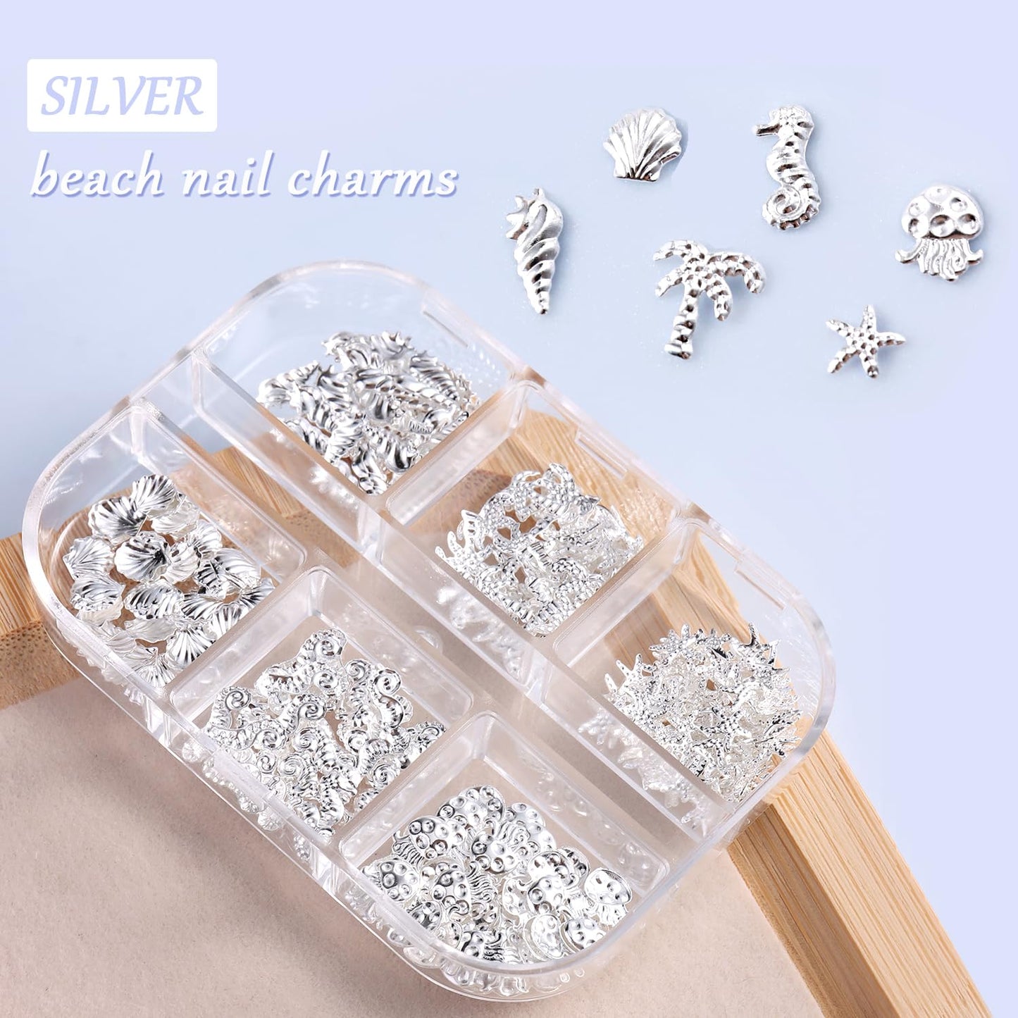 Furtherpretty 3D Beach Nail Charms Set, 2 Boxes Gold & Silver Seashell Nail Charms, Summer Ocean Starfish Jellyfish Palm Tree Nail Art Accessories Decoration with Tweezers, concha nácar para uñas