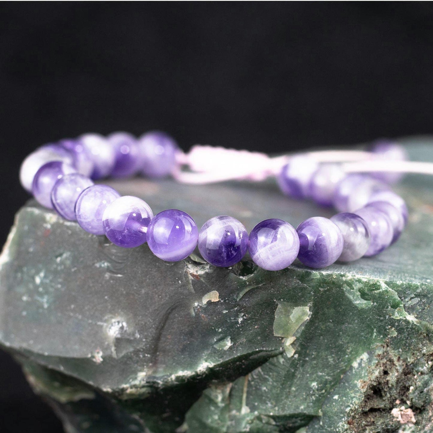 DAZCOLO Handmade Gem Bracelet Adjustable Macrame Gemstone 8mm Round Beads Crystals Quartz Unisex (Dog Teeth Amethyst)