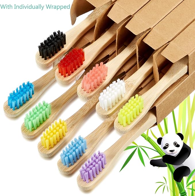 10 Piece Kids Bamboo Toothbrush Set - Natural Soft Bristle, Wooden, Toddler to Adult, Organic, BPA-Free, Colorful Travel Pack (Pack of 2)
