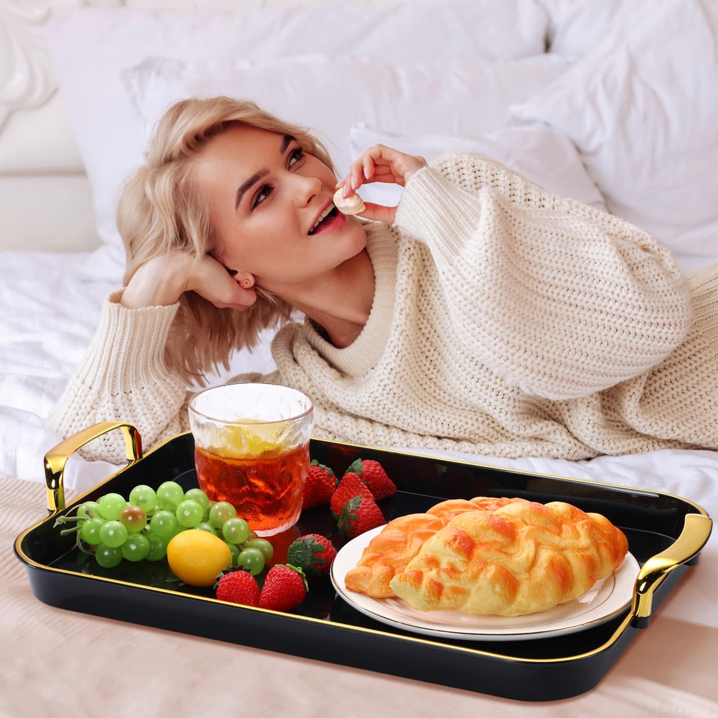 Rtteri Set of 6 Serving Platters with Handles 18.3/16.73/14.8 Inch Large Rectangular Serving Tray Reusable for Entertaining Dinner Party Wedding Decoration(Golden Handles,Black)