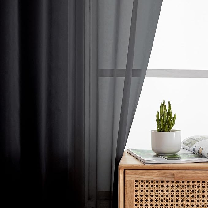 Aiyufeng 2 Panels Extra Long Sheer Window Curtains 120 Inches Length, Elegant Window Voile Panels/Drapes/Scarf/Treatment/Backdrop for Living Room Wedding Party Home Decor (40W x 120L inches, Black)